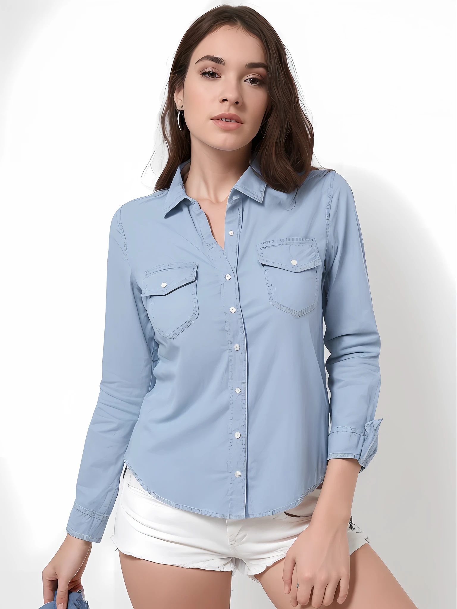 uma mulher de camisa cinza e bermuda posando para uma foto, vestindo uma camisa e uma shorts jeans, jeans no shorts, button up shirt, camisa cinza, vestindo uma camisa escura e shorts jeans, button - up shirt, com dois bolsos frontais, usando shorts jeans, vestindo uma camisa azul clara, usando jeans no shorts, camisa de gola, camisa, shorts jeans azul. irreal 5