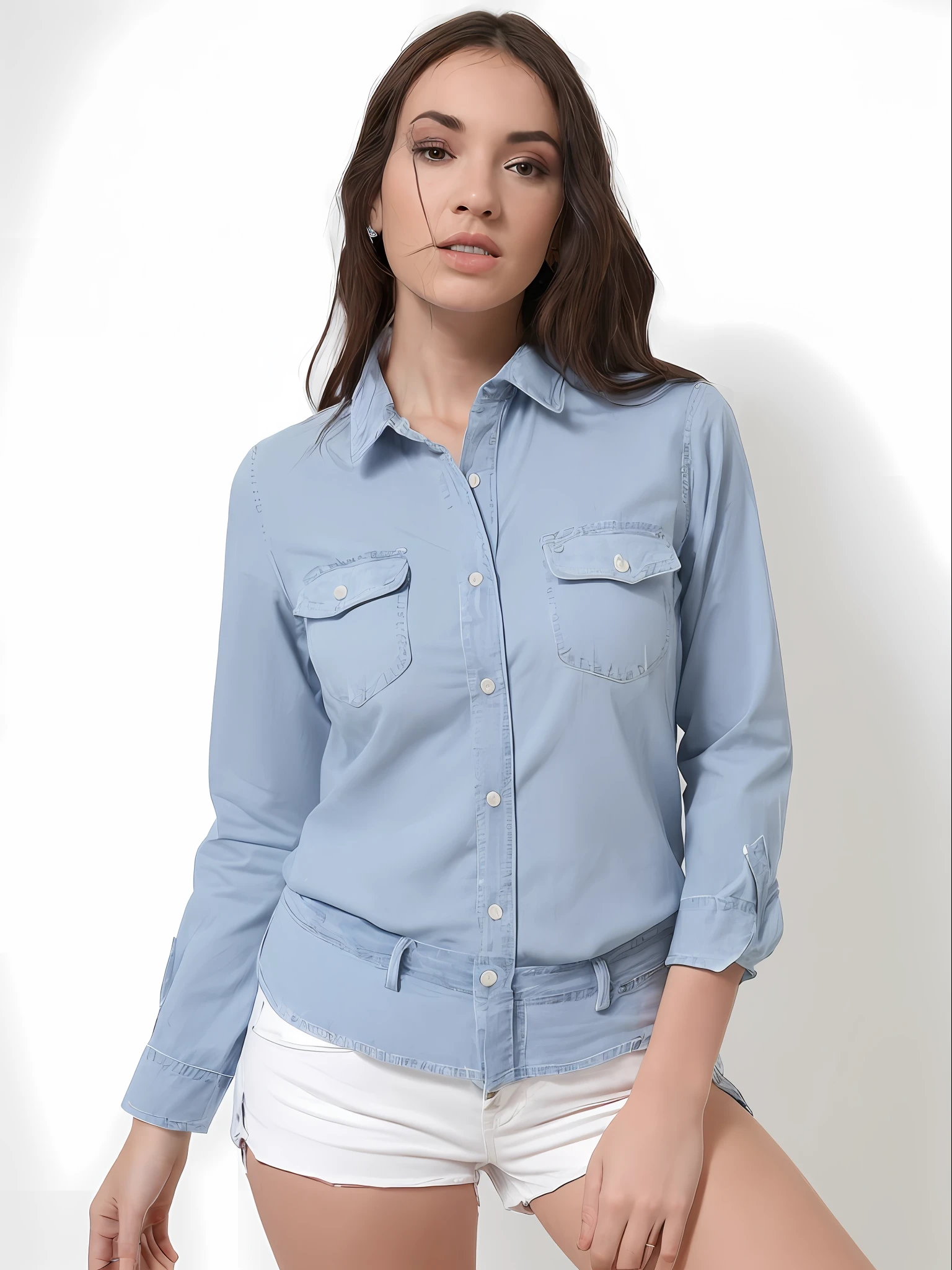 uma mulher de camisa cinza e bermuda posando para uma foto, vestindo uma camisa e uma shorts jeans, jeans no shorts, button up shirt, camisa cinza, vestindo uma camisa escura e shorts jeans, button - up shirt, com dois bolsos frontais, usando shorts jeans, vestindo uma camisa azul clara, usando jeans no shorts, camisa de gola, camisa, shorts jeans azul. irreal 5