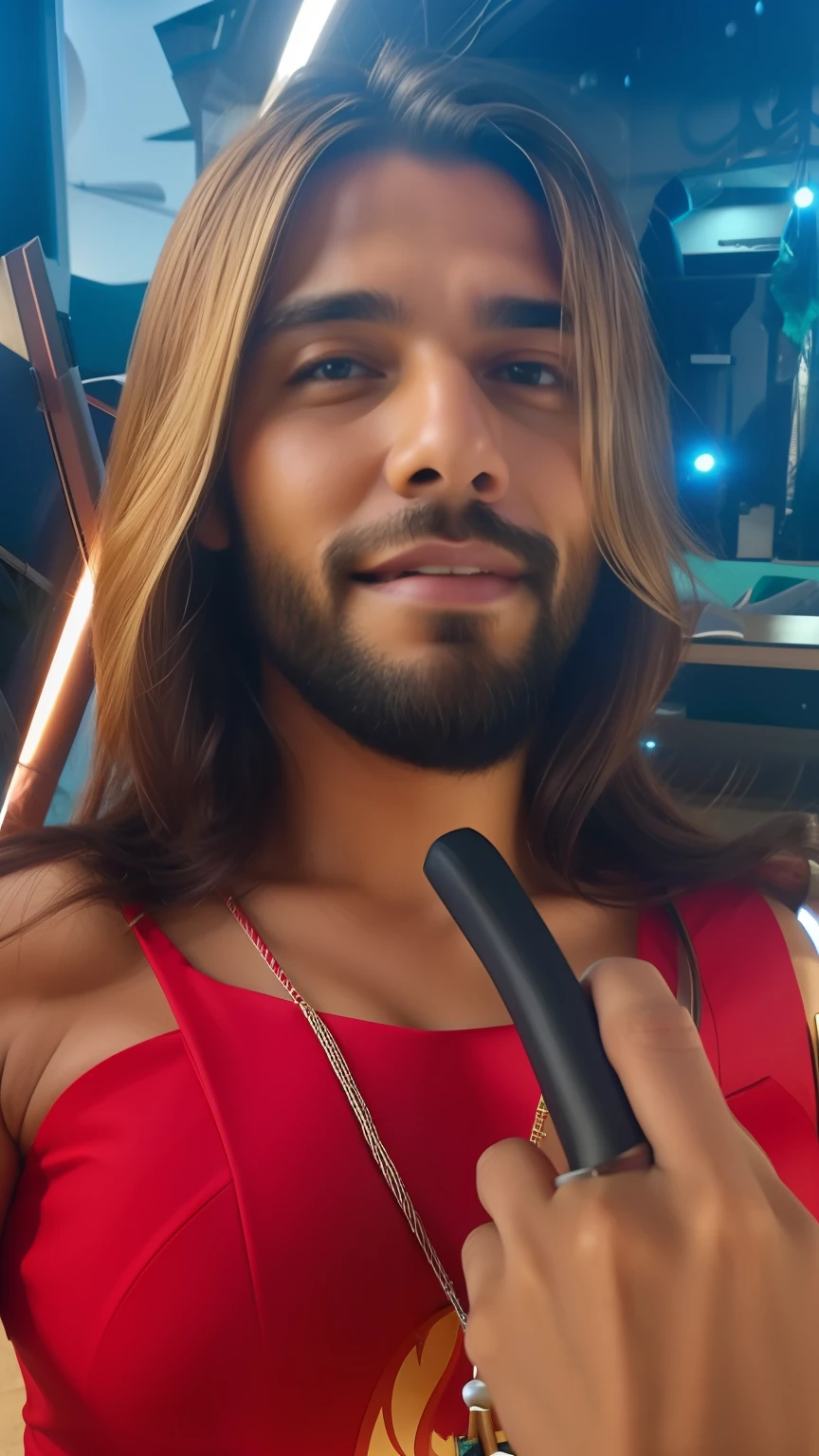 Corpo inteiro, super feliz , maquiado, tocando acordeon