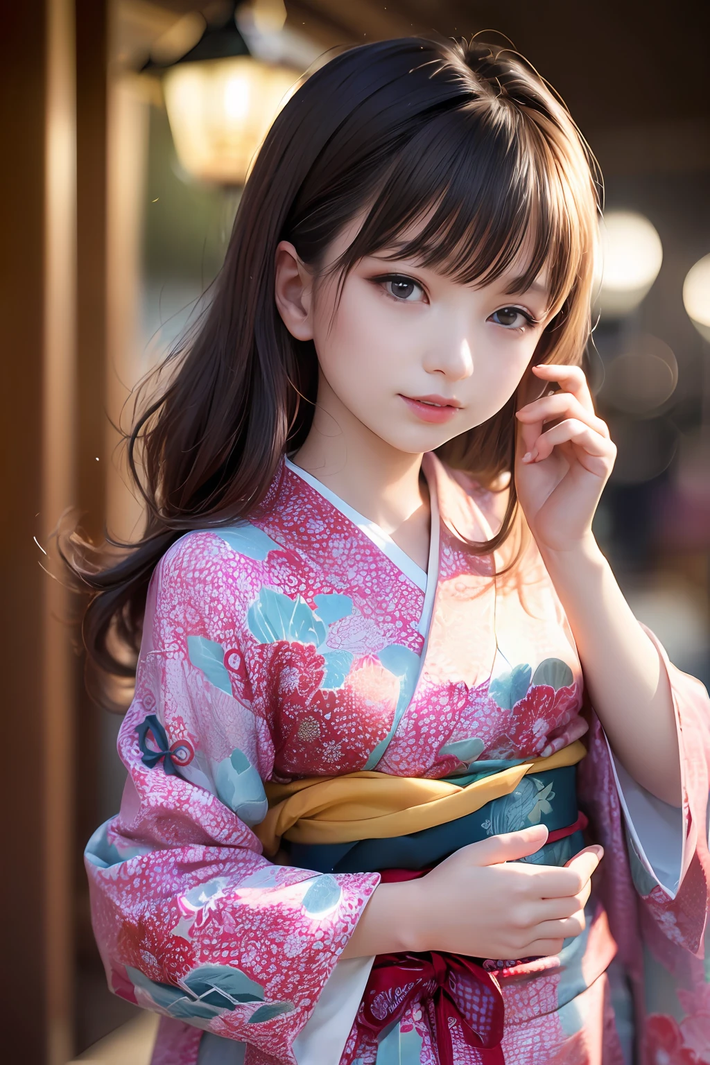 Upper body from the waist up、Are sleeping、nap、(Sleeping with your eyes closed)、(4In K、masterpiece、hight resolution、Realistic and beautiful light and shadow、One girl、Solo Focus、(top-quality)、(Hi-Res)、(extremely delicate and beautiful)、(Beautiful 8k face)、(Brown-eyed)、(I close my eyes while smiling.)、(独奏)、(Clear skin)、(Soft hair)、(hugetits)、(Plaid kimono, Red and blue floral yukata)、((Awa Odori Pose))、((Bokeh lantern light night background))、((speedo))、(reality)、thin and small nose、(red lipsticks)、(Reddening cheeks)、poneyTail、(Lustrous skin)、((Ukiyo-e style))、Ultra-thin eyebrows、Ultra high image quality、(Wearing maiko-style makeup)、skin whitening、long and beautiful lashes、Turning around in the style of a Kyoto magazine model、((s asleep))、Lustrous skin、(Red-dyed cheeks)