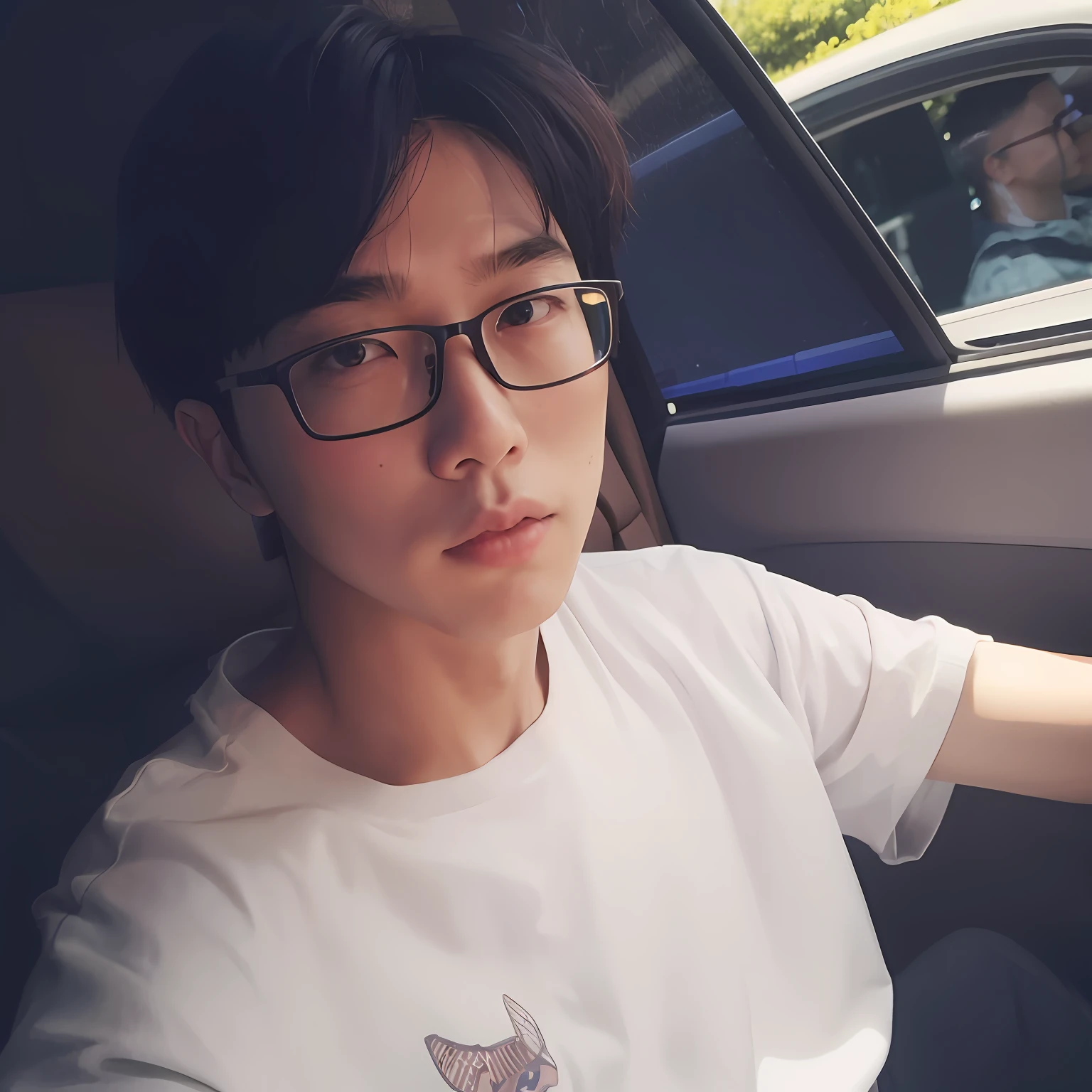there is a man sitting in a car with a cell phone, Shin Jinying, Kim Tae-joon, With glasses, heise jinyao, yanjun cheng, steve zheng, 2 7 years old, hyung tae, xintong chen, wenjun lin, 2 2 years old, hong june hyung, 2 3 years old, Lin Qifeng, Li Zixin