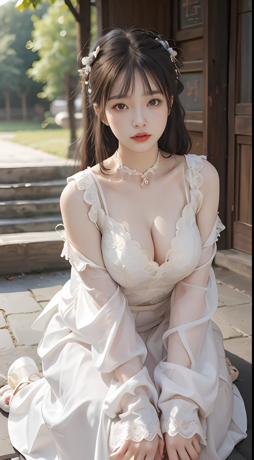 ulzang-6500-v1.1,(RAW photo:1.2), (Photorealistic:1.4), Beautiful Meticulous Girl, very detailed eyes and faces, Beautiful detailed eyes, absurderes, unbelievable Ridiculous, hugefilesize, ultra - detailed, A high resolution, The is very detailed,best qualtiy,tmasterpiece,kemomimi,((The girl wears Hanfu,silkouette,Lace)),Wearing Chinese Hanfu,Background Outside the ancient palace,Outside ancient buildings,Outside the ancient house,((Azure lace stockings))Lively posture,facing to audience,Charming,Stunner,Bigchest,low chest,cleavage,The is very detailed,Viewer's POV,CG,unified,8k 壁纸,Amazing Cleavage,finely detailled,tmasterpiece,best qualtiy,The is very detailed的 CG unified 8k 壁纸,light in face,cinmatic lighting, 1girll,(full body2.0),Raised sexy,cropped shoulders,(jiayi:1.5), closeup cleavage, tmasterpiece, best qualtiy, RAW photogr, realisticlying, the face, Incredibly Ridiculous res, depth of fields, A high resolution, ultra - detailed, finedetail, The is very detailed, Extremely detailed eyes and face, Sharp pupils, realistic pupil, tack sharp focus, cinmatic lighting