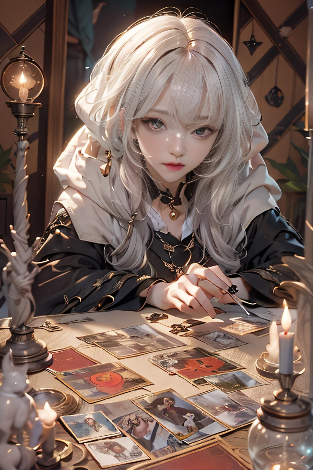 Mysterious woman doing tarot reading,Tarot Reading,cute  face,Blunt bangs, Straight hair, Shiny hair,Medieval mystery clothes,Mysterious fortune teller,Mysterious hermit,White Magician,magical lights,albino,Red Eyes,Red glowing eyes,Light of Magic,