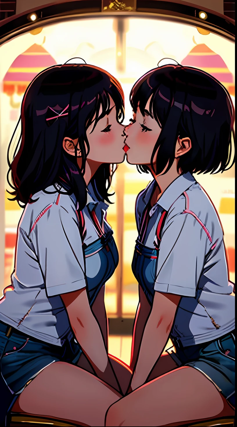 two women are kissing each other while sitting on a stool, lesbian kiss, lesbian embrace, kissing together cutely, kissing each other, lesbians, portrait of two girls kissing, lesbian art, lesbian, kissing together, making out, couple kissing, kissing, kiss mouth to mouth, two women kissing at a carnival, alena aenami and lilia alvarado, lovely kiss