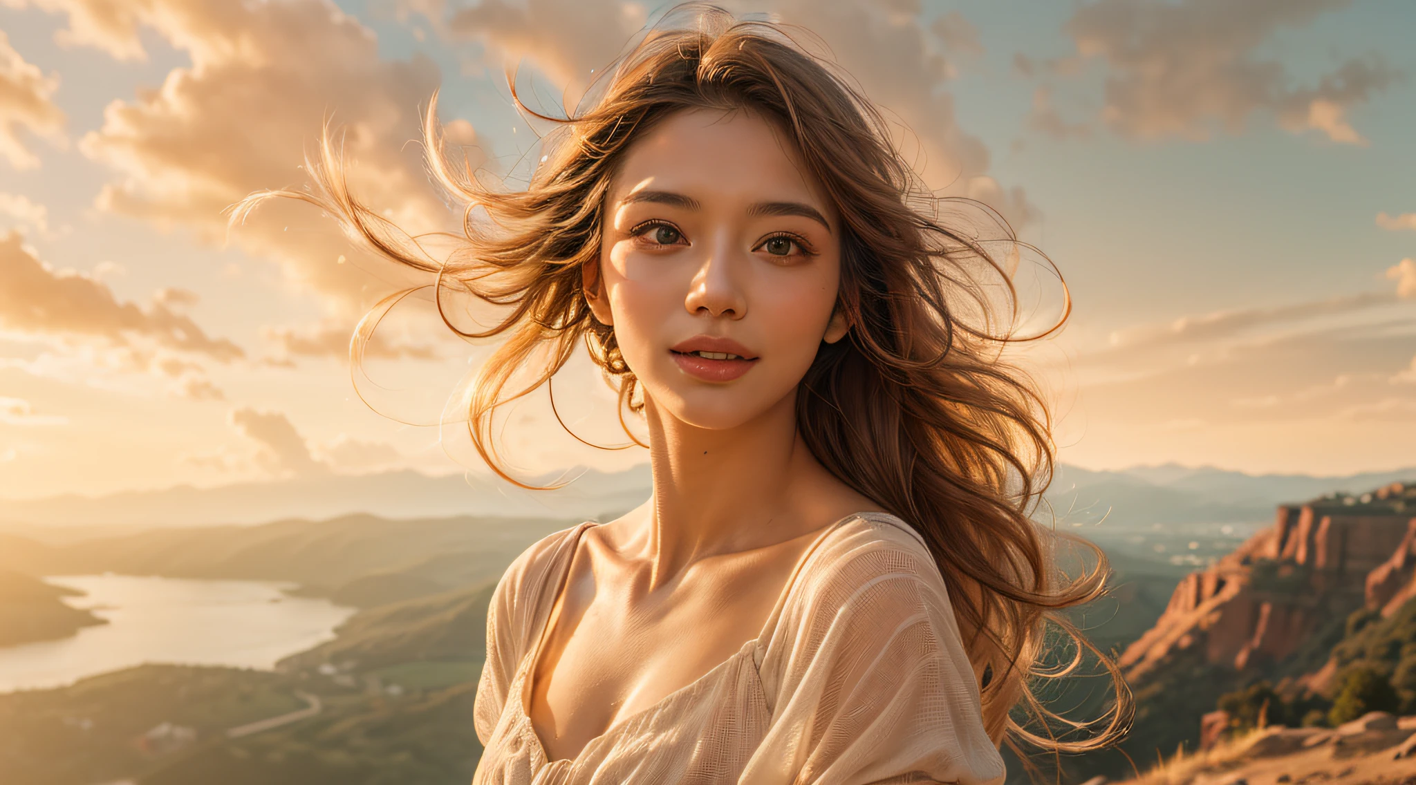 Zoom in on the ultra-realistic face of a handsome 25-year-old man, and as you zoom out slightly, you can see his girlfriend by his side. She is a beautiful young woman with wavy brown hair, wearing a flowing dress that dances with the wind. The couple stands on the edge of a cliff, overlooking a vast and breathtaking landscape of rolling hills and a distant horizon. The golden hour bathes the scene in warm, golden light, adding a touch of magic to the moment. The couple's faces radiate with joy and love as they embrace the beauty of nature together. Their connection is palpable, and their laughter echoes in the serene atmosphere. The image encapsulates the couple's adventurous spirit and the bond they share amidst the splendor of nature. Photography, landscape shot with a wide-angle lens to capture the beauty of the scenery