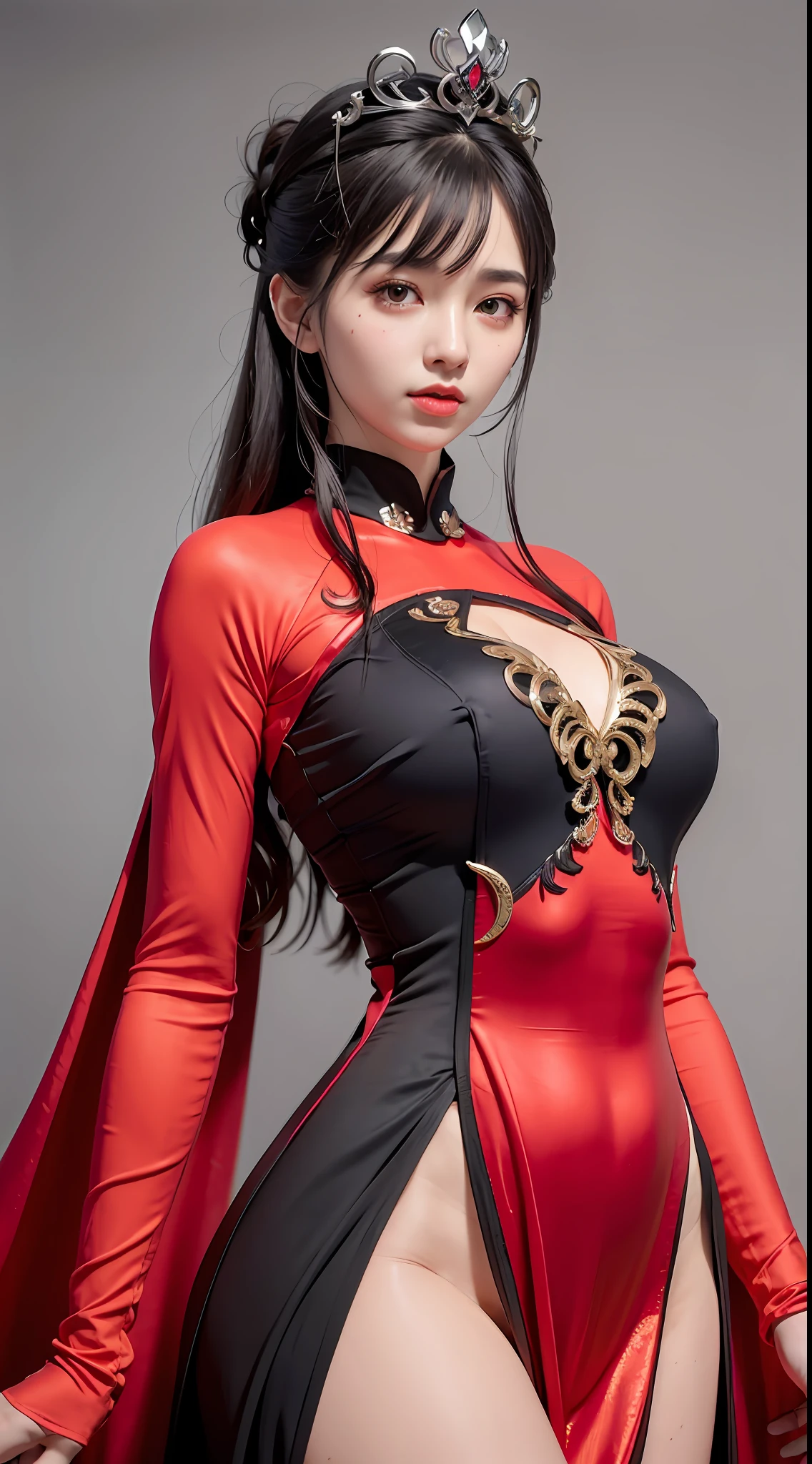 1 beautiful devil woman from hell, In the Dark: 1.6), surreal female portrait by David Hockney and Alphonse Mucha, fantasy art, korea doll, photorealism, dynamic lighting, artstation, poster, volumetric lighting, very detailed faces, 8k ultra, Awarded, in the dark, deep shadow, low key, cowboy lens, (Red phoenix dress: 1.4), long hair, black hair, bust, luxurious palace, Royal style, devil crown, red eyes make up very sharp and detailed, The most beautiful face, The breasts are very big and round and round, Super realistic, chinese women's clothing, polo neck sweater, Charming smile, The eyes are very well made up, guweiz, devil style, wearing black mesh socks, Ponytail with a bow tied at the back of the hair, pink lips, wearing a thin red and black robe, Hands pull the straps to reveal sexy breasts, the landscape is overcast and thunderous, (upper body portrait), Close-up of the main character, (Background details 1.8),HDR, UHD, 8kquality, detailed pixel,