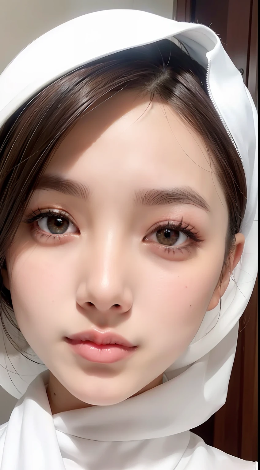 a close up of a Thailand woman with white hijab gorgeous attractive face, attractive female face!!!, very very very beautiful face, attractive beautiful face, extremely beautiful face, very beautiful face, beautiful eyes and face, perfect face and eyes, feminine beautiful face, perfect face , gorgeous face, beautiful face!!, beautiful shape of face and body, beautiful delicate face, skin texture, mole, brown eyes, cinematic lighting, detailed face, mole in face,