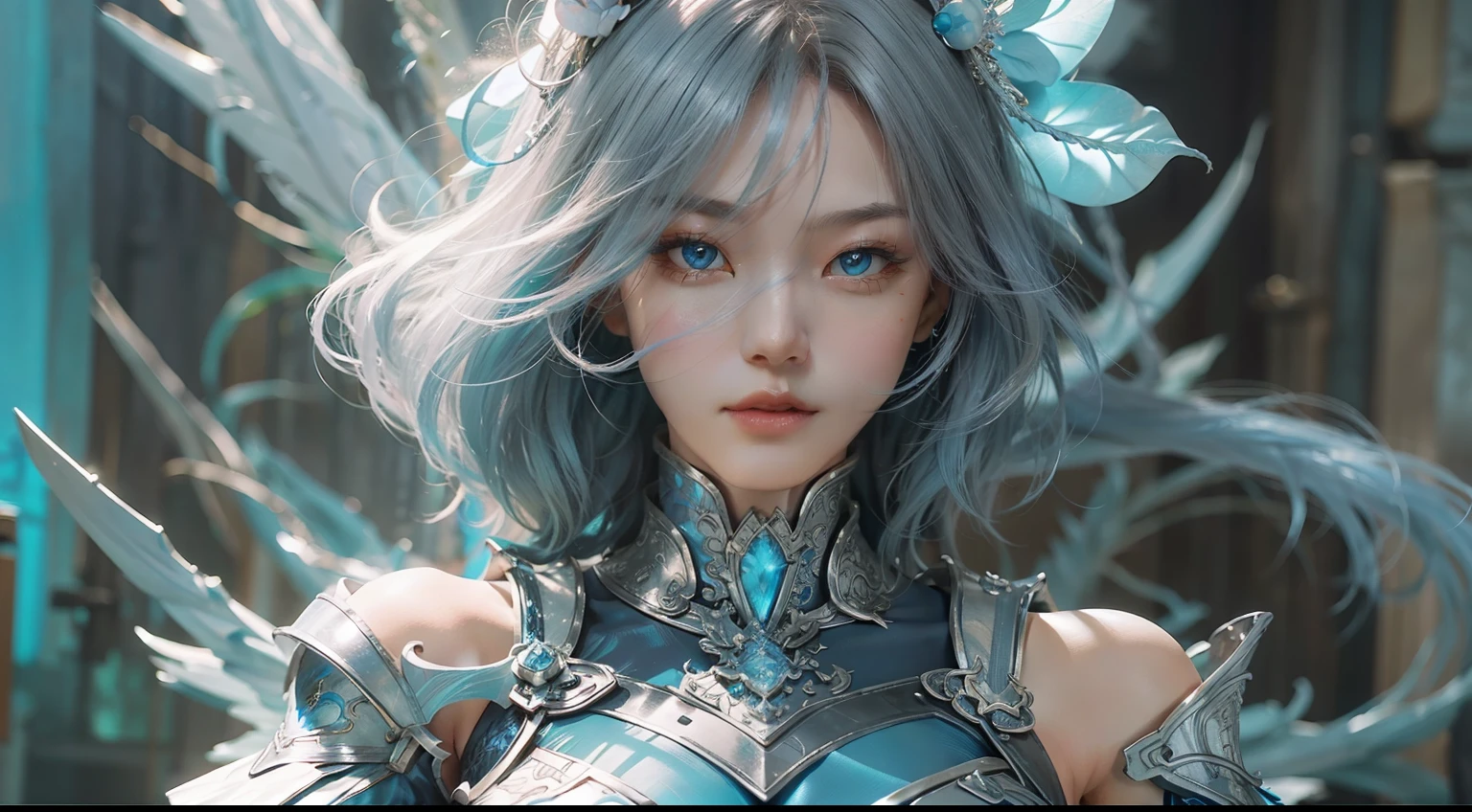 a close up of a woman in a silver and blue dress, chengwei pan on artstation, by Yang J, detailed fantasy art, Stunning character art, Fanart Meilleure ArtStation, epic exquisite  character art, Beautiful armor, Extremely detailed Artgerm, Detailed digital anime art, Artgerm on ArtStation Pixiv, Armor Girl，fully body photo，