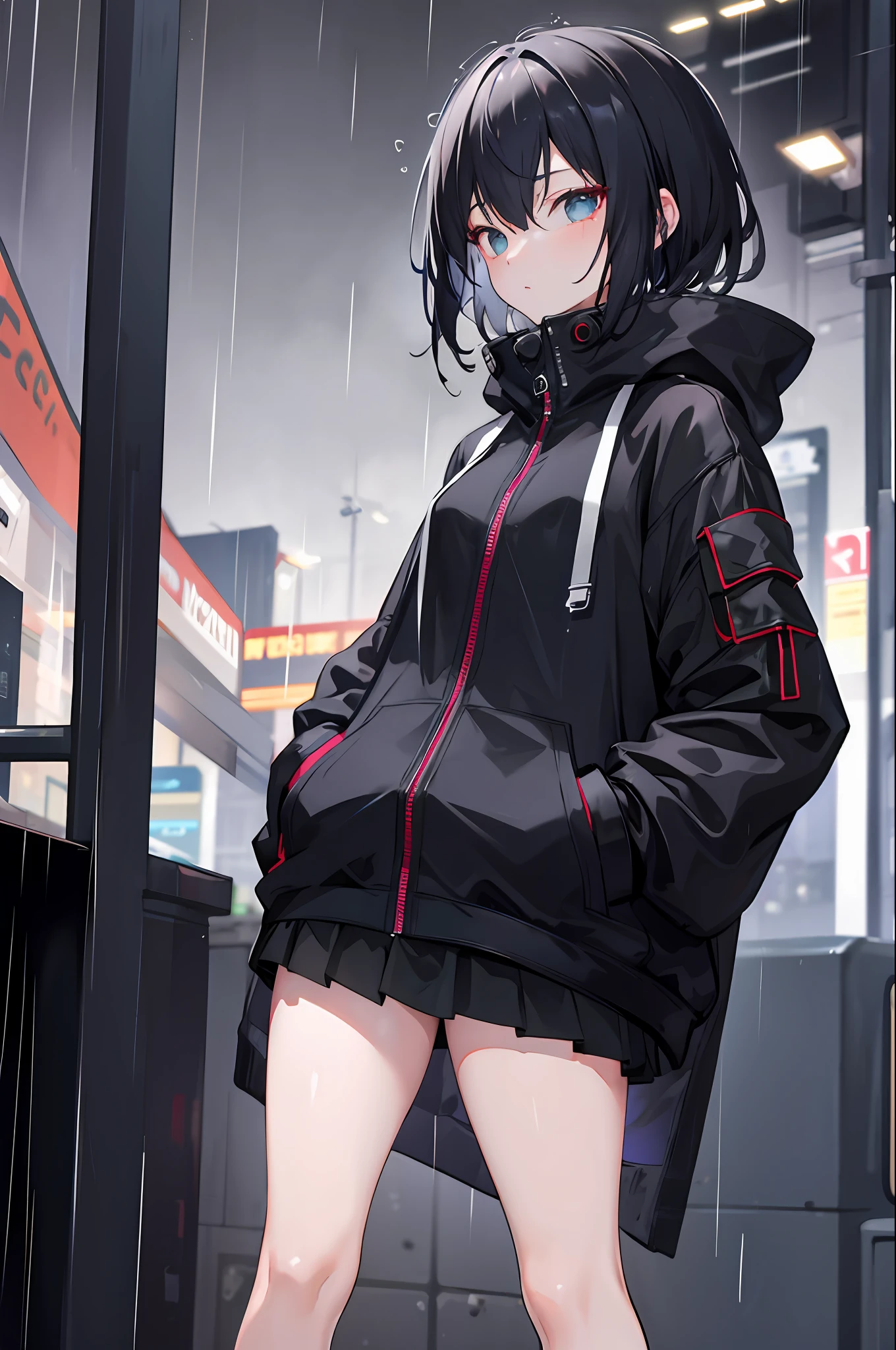 1girl,Black hoodie,Short skirt, mesh stockings, headless gloves,night city,rain,coat,hands in pockets
