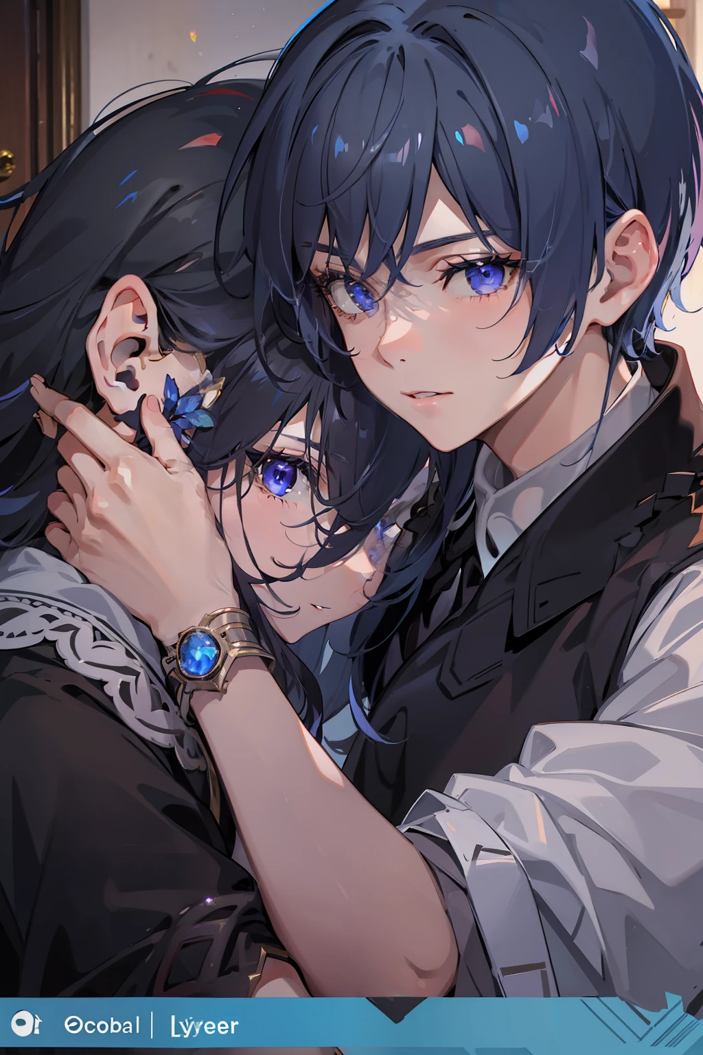 1 teenager,sharp looking blue eyes,Sharp pupils,Black hair,He wears a black robe,Intimate hug with blue-haired wife,Handsome