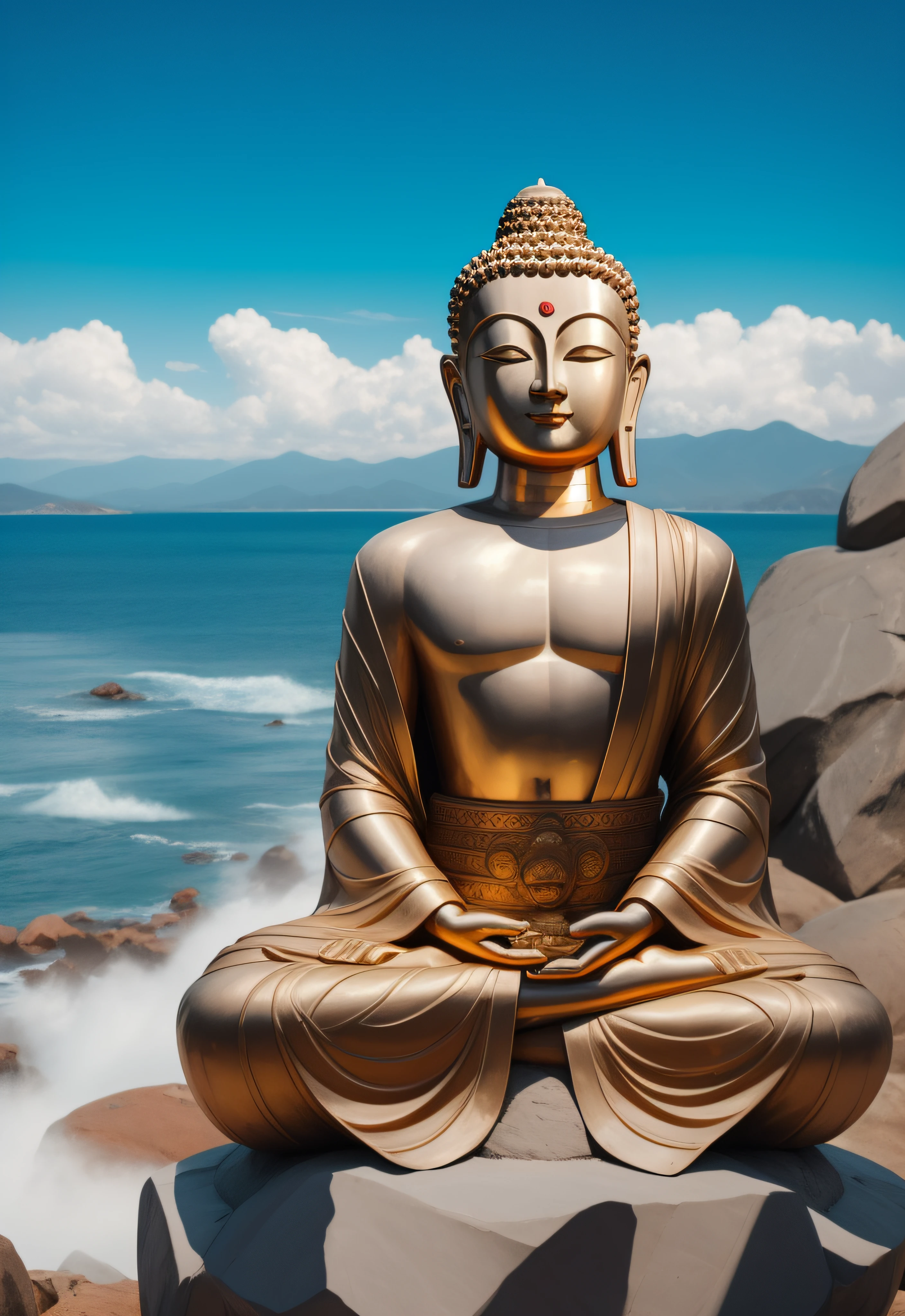 The Buddha statue sits on a reef by the sea, a Buddhist Buddha, Buddhist, Buddhism, Buddha, bodhisattva, attractive male deity, buddhist art, author：Shen Zhecai, Guanyin, Beautiful image, beautiful gold saint, By Shen Quan, samsara, An ancient, enlightening, Lotus, golden sacred tree ，portrait of monk, facing to audience，Put your hands together in front of your chest，Meditate，Live-life ratio， Dressed in solemn Buddhist robes，tsukasa dokite, masakazu katsura,Huge mud Buddha statue，Put your hands together in front of your chest， Dressed in a solemn red Buddhist robe，Put your hands together in front of your chest， Dressed in solemn Buddhist robes，In a state of Zen，a massive celestial giant god，buddhist architecture，A spectacular and solemn scene，The stonework，Copper surface，Made of red copper，Clear lines，High- sharpness，Real shooting，8K quality。, photograph taken in 2 0 2 0,4096， Buddhism, a massive celestial giant god,Buddha statue of Shakya Rulai,Put your hands together in front of your chest， Dressed in solemn Buddhist robes，floating in a powerful zen state, it is very huge, Mesmerizing and imposing ，photograph taken in 2 0 2 0, The stonework，Copper-colored face，Copper-colored facial skin，Copper-colored facial fullness, peaceful expression，Clear lines，High- sharpness,Realphotos，8K quality，hyper HD ，Don't show your muscles，Don't show your muscles，Don't show your muscles，Don't show your muscles，blue sky and white clouds on the background