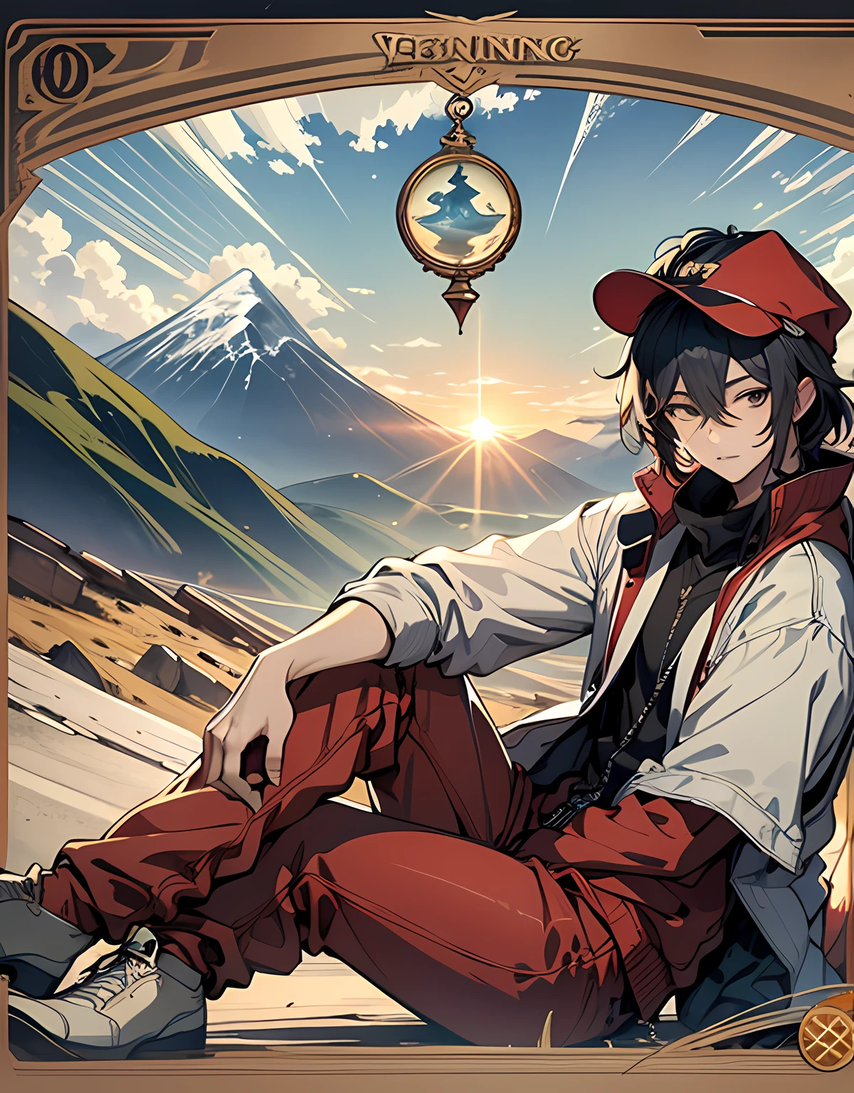 Tarot card style, Illustration of the Fool card of tarot cards. A fool is a young and innocent man. He wears red pants, a yellow vest, and white shoes. He has a red cap on his head and a big bag in his leg. He has a puppy at his feet. In the background is depicted a mountain with the rising sun. The Fool card symbolizes new beginnings, possibilities and freedom. The Fool is just beginning to learn his life, but he sets out on a new adventure with a positive attitude. He is not afraid to forge his own path and live his own life. The Fool card teaches us to try new things and believe in our potential. Like fools, we can enrich our lives by embarking on new adventures with a positive attitude.