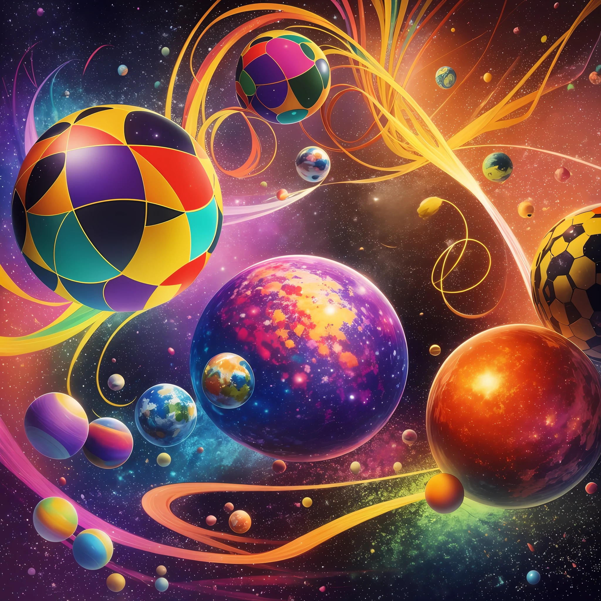 colorful mural, abstract, randomly arranged spheres of various sizes, wall, wriggling, space, galaxy, colorful smoke, flickering light and faint flame, super detailed, dense, masterpiece, highest quality