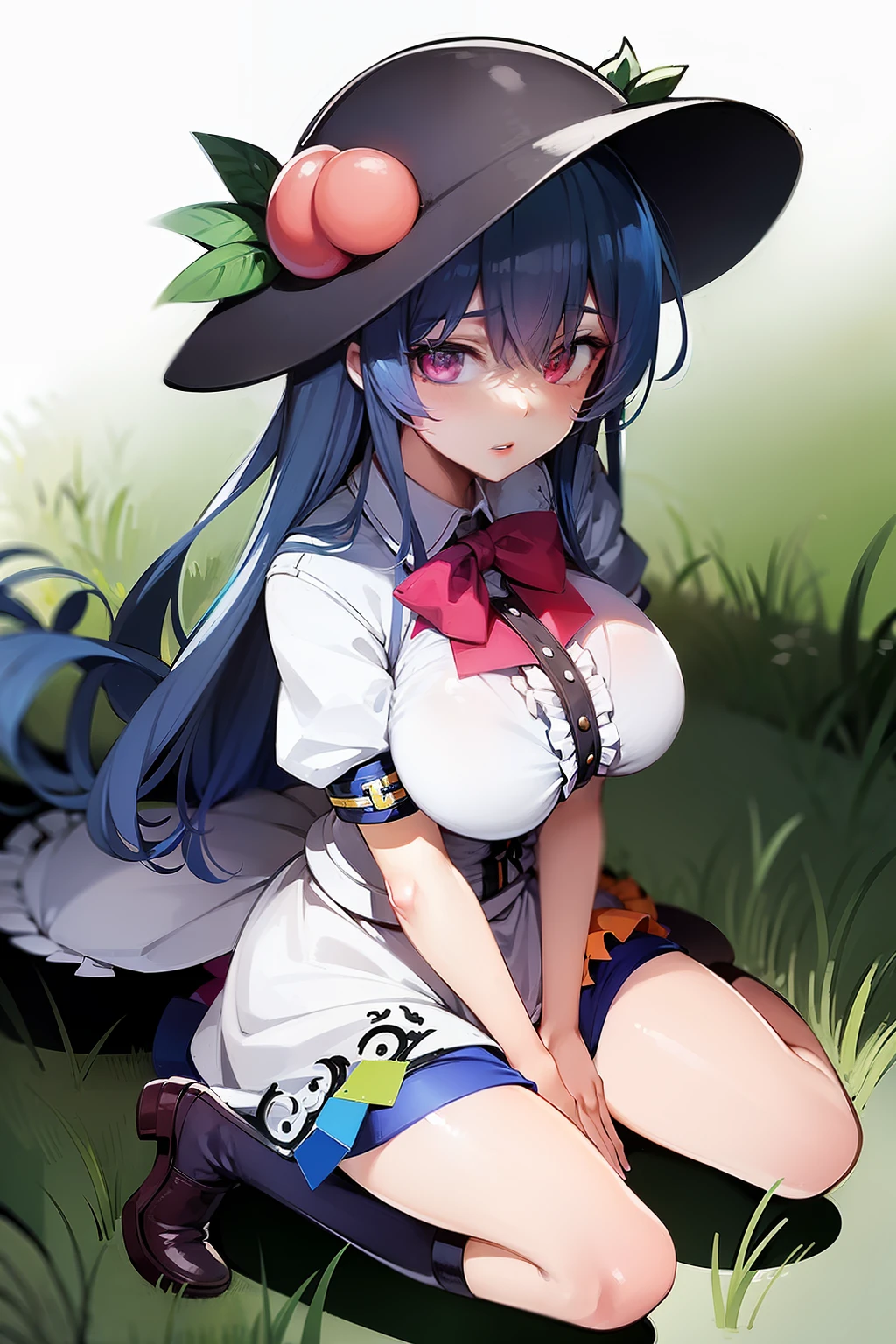 (masterpiece),best quality, expressive eyes, perfect face,w sitting, w sitting on ground, legs on ground, 1girl,
big breast, H-cup, good breast, crossing arms, beautiful, gorgeous,anime,girl,lora,hinanawi tenshi, blue hair, blue haired