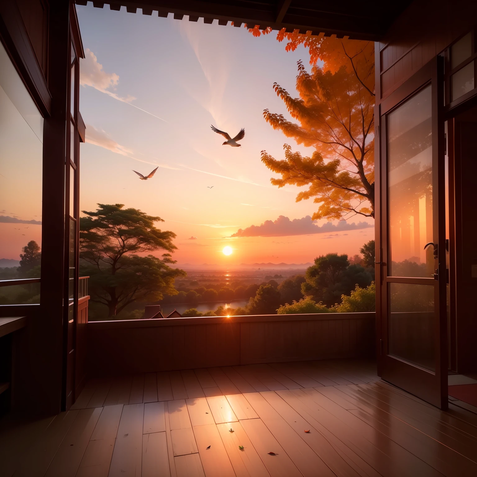Scenery of peace and serenity. The sun is setting on the horizon, Painting the sky in soft shades of orange and pink. Ao redor, tall, leafy trees spread their welcoming shadows, while small birds fly in harmony.