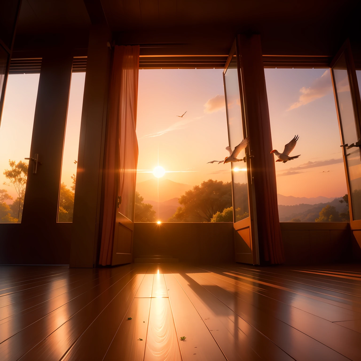 Scenery of peace and serenity. The sun is setting on the horizon, Painting the sky in soft shades of orange and pink. Ao redor, tall, leafy trees spread their welcoming shadows, while small birds fly in harmony.