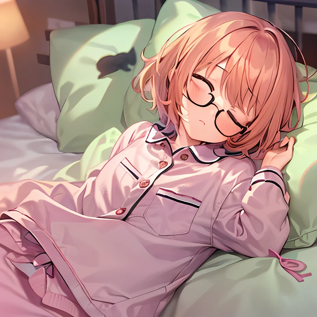 Best Quality, ​masterpiece, 1girl in, Solo, black-framed eyewear, pink orange hair, Brown eyes, Short bob hair, Flat_Chest, pajamas, laying down on the bed, Sleeping, Closed eyes, (Night:1.5),