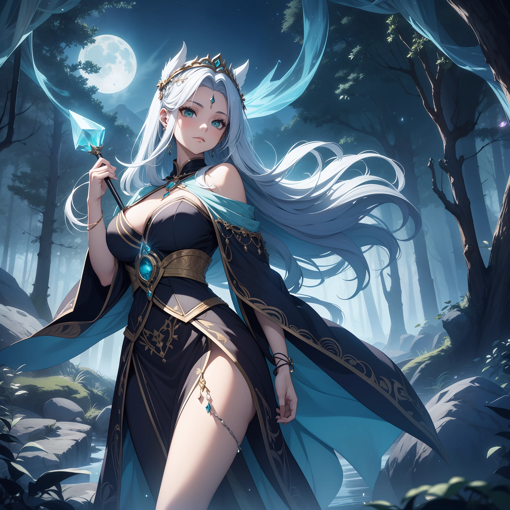 In the heart of a mythical forest glows a female figure bathed in moonlight. She is depicted in the style of Japanese anime, with long, silver hair that flows like a river down to her waist, reflecting the ethereal glow of the moon. She is adorned in a cloak of midnight blue, embroidered with silvery symbols of ancient spells, the fabric seemingly alive as it billows softly in the night breeze. A circlet of intertwined branches and gemstones rests on her forehead, accentuating her piercing, emerald-green eyes that hold wisdom and secrets beyond mortal comprehension.
In one hand, she is holding a staff, carved from elderwood and capped with a crystal, pulsating with otherworldly energy, casting shadows and light that dance around her. Around her feet, spectral animals have gathered, eyes glowing, a testament to her dominion over the enchanted forest. Behind her, ancient, towering trees reach for the sky, their leaves rustling softly as if whispering ancient secrets.
Her facial expression is calm, portraying a strength that emanates serenity, power, and a quiet determination, showing her as a guardian of the mythical and mystical. She stands as a beacon amidst the darkness, a formidable sorceress in a world of magic and wonder, an embodiment of the enigmatic charm of the fantasy realm.
