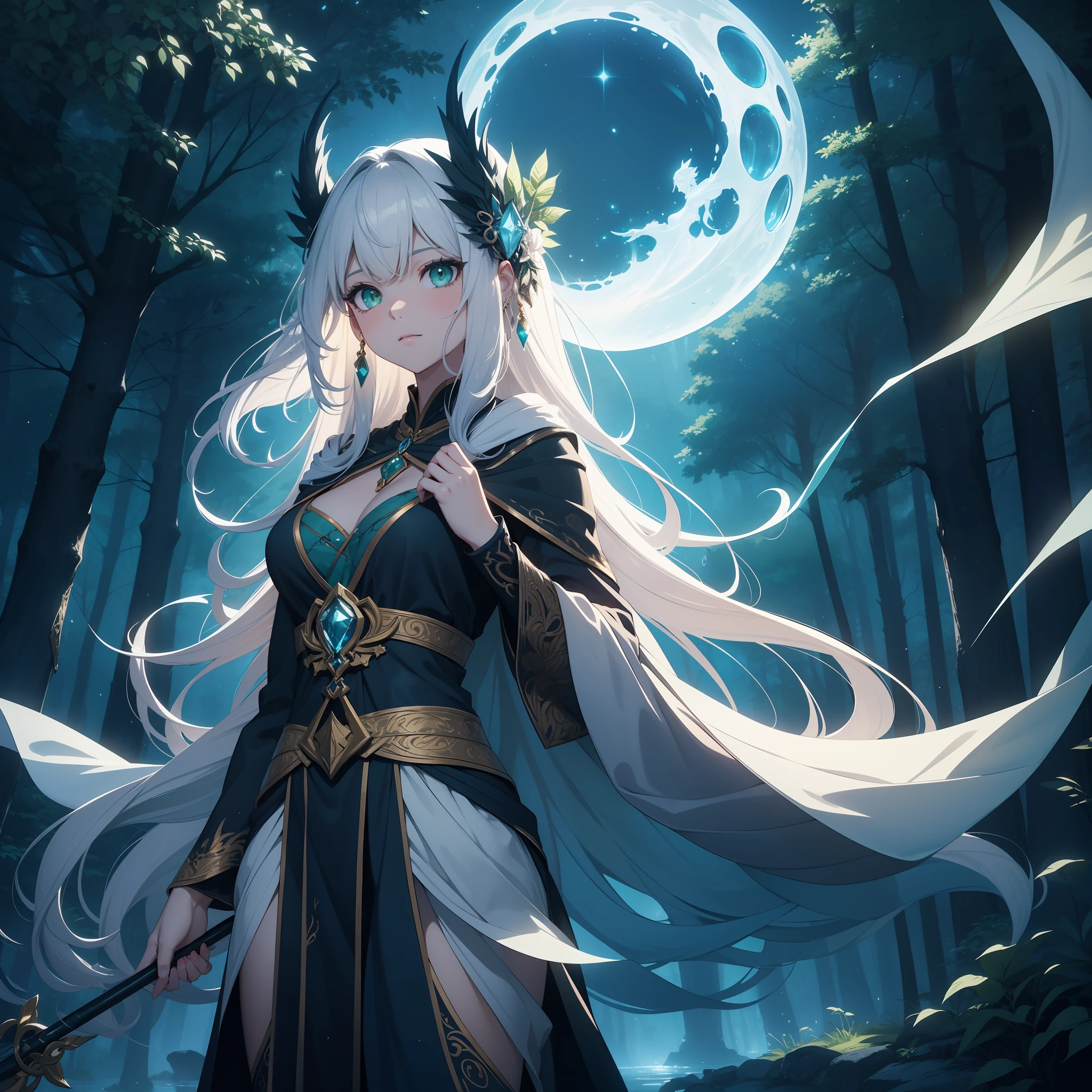 In the heart of a mythical forest glows a female figure bathed in moonlight. She is depicted in the style of Japanese anime, with long, silver hair that flows like a river down to her waist, reflecting the ethereal glow of the moon. She is adorned in a cloak of midnight blue, embroidered with silvery symbols of ancient spells, the fabric seemingly alive as it billows softly in the night breeze. A circlet of intertwined branches and gemstones rests on her forehead, accentuating her piercing, emerald-green eyes that hold wisdom and secrets beyond mortal comprehension.
In one hand, she is holding a staff, carved from elderwood and capped with a crystal, pulsating with otherworldly energy, casting shadows and light that dance around her. Around her feet, spectral animals have gathered, eyes glowing, a testament to her dominion over the enchanted forest. Behind her, ancient, towering trees reach for the sky, their leaves rustling softly as if whispering ancient secrets.
Her facial expression is calm, portraying a strength that emanates serenity, power, and a quiet determination, showing her as a guardian of the mythical and mystical. She stands as a beacon amidst the darkness, a formidable sorceress in a world of magic and wonder, an embodiment of the enigmatic charm of the fantasy realm.