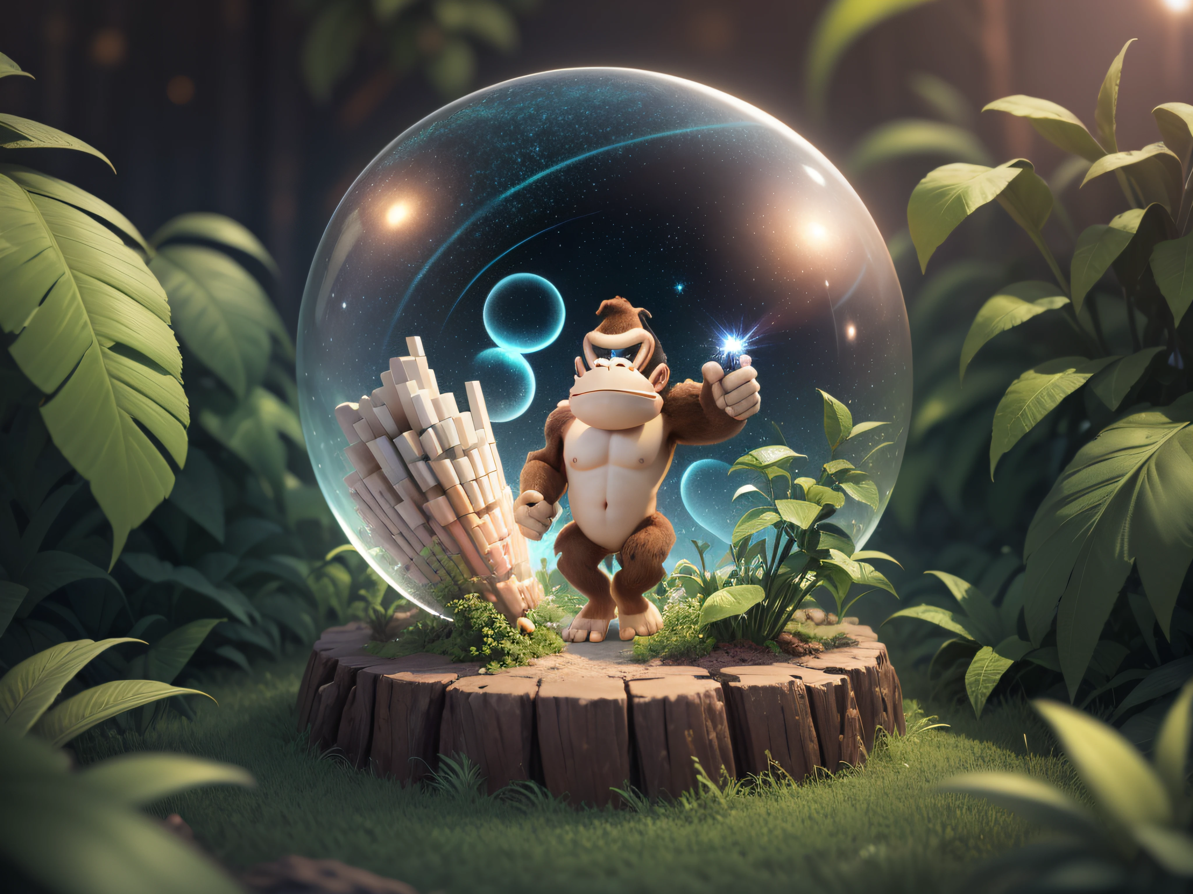 Donkey Kong da Nintendo em uma floresta bioluminescente noturna com uma enorme Lua Cheia e estrelas brilhantes, 3D-rendering, Bokeh, Nikon, RTX 4090 | | |, obra-prima (((bunda enorme))), Efeito sombrio, blur,