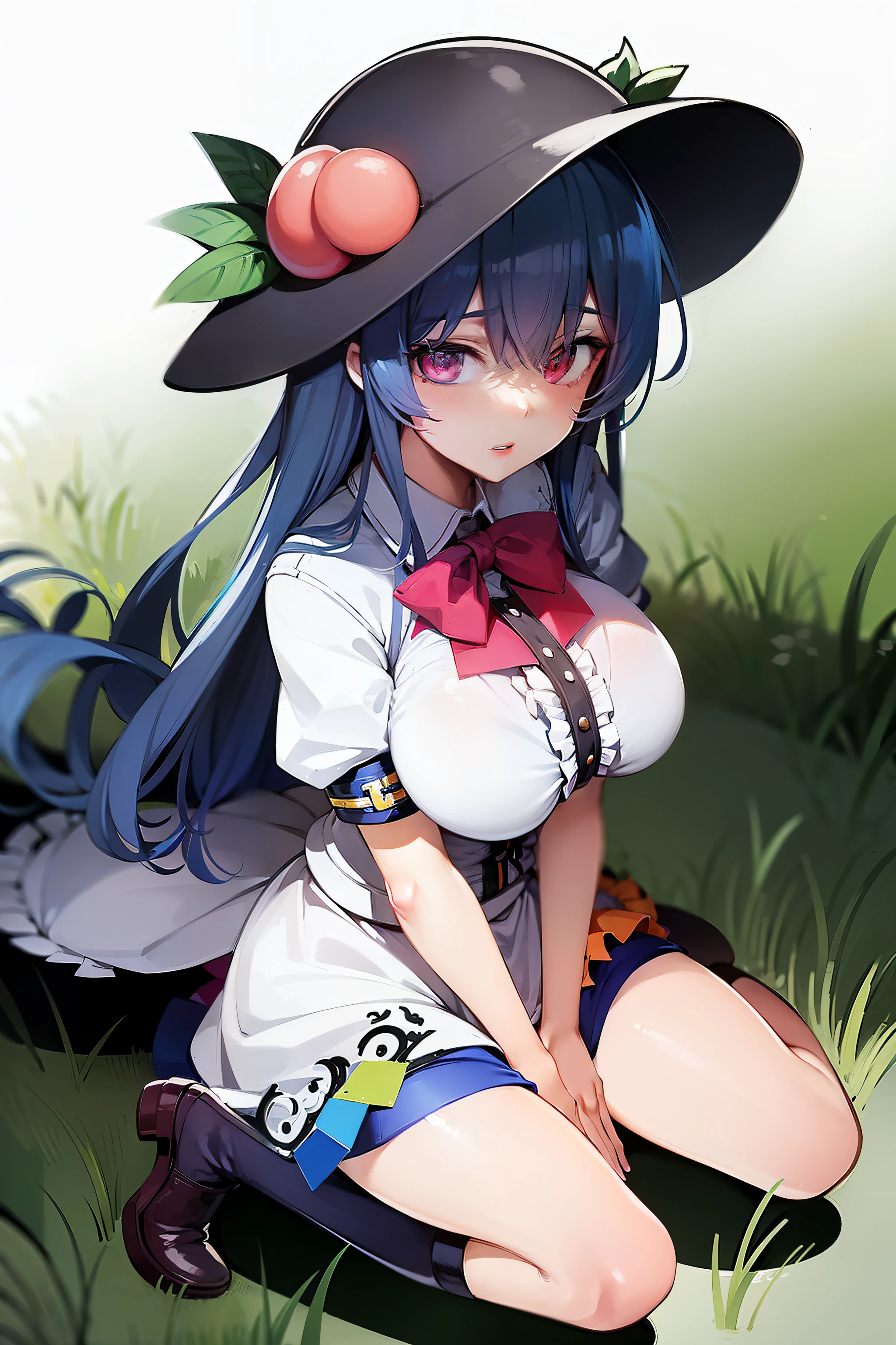 (masterpiece),best quality, expressive eyes, perfect face,w sitting, w sitting on ground, legs on ground, 1girl,
big breast, H-cup, good breast, crossing arms, beautiful, gorgeous,anime,girl,lora,hinanawi tenshi, blue hair, blue haired