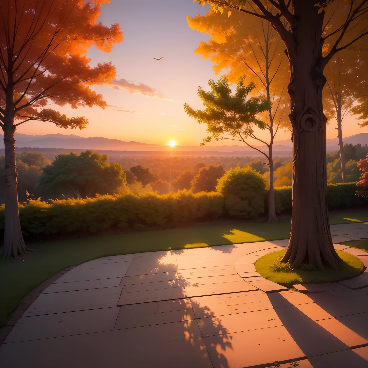 Scenery of peace and serenity. The sun is setting on the horizon, Painting the sky in soft shades of orange and pink. Ao redor, tall, leafy trees spread their welcoming shadows, while small birds fly in harmony.