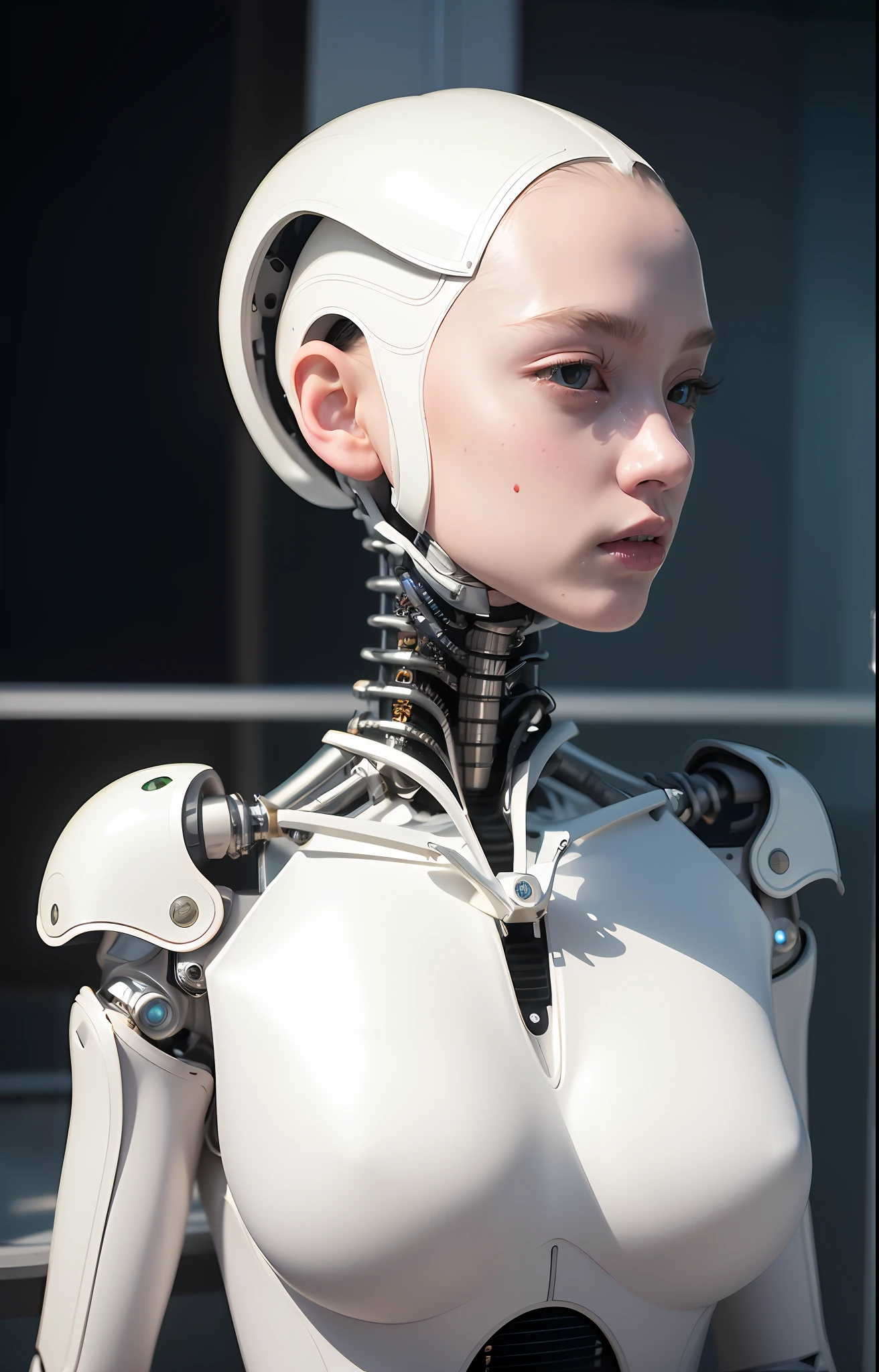 Woman in colorful robot suit with Mika Ninagawa design standing outside, beautiful white girl cyborg, Elle Fanning as android, beautiful female android, female android portrait, perfect android girl, humanoid robot closeup, beautiful girl cyborg, robot portrait, futuristic robot portrait, Beautiful android woman, beautiful cyborg image,