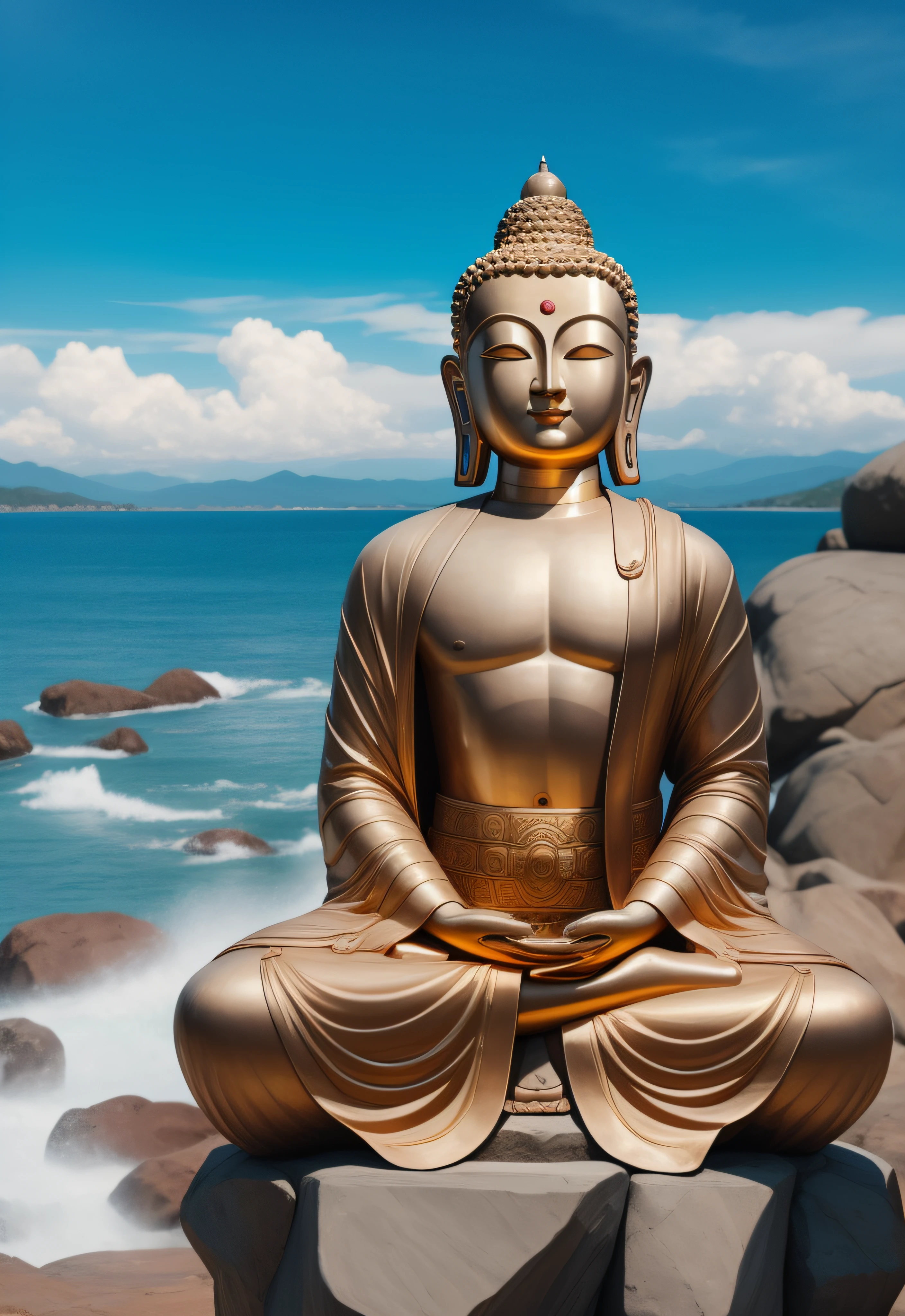 The Buddha statue sits on a reef by the sea, a Buddhist Buddha, Buddhist, Buddhism, Buddha, bodhisattva, attractive male deity, buddhist art, author：Shen Zhecai, Guanyin, Beautiful image, beautiful gold saint, By Shen Quan, samsara, An ancient, enlightening, Lotus, golden sacred tree ，portrait of monk, facing to audience，Put your hands together in front of your chest，Meditate，Live-life ratio， Dressed in solemn Buddhist robes，tsukasa dokite, masakazu katsura,Huge mud Buddha statue，Put your hands together in front of your chest， Dressed in a solemn red Buddhist robe，Put your hands together in front of your chest， Dressed in solemn Buddhist robes，In a state of Zen，a massive celestial giant god，buddhist architecture，A spectacular and solemn scene，The stonework，Copper surface，Made of red copper，Clear lines，High- sharpness，Real shooting，8K quality。, photograph taken in 2 0 2 0,4096， Buddhism, a massive celestial giant god,Buddha statue of Shakya Rulai,Put your hands together in front of your chest， Dressed in solemn Buddhist robes，floating in a powerful zen state, it is very huge, Mesmerizing and imposing ，photograph taken in 2 0 2 0, The stonework，Copper-colored face，Copper-colored facial skin，Copper-colored facial fullness, peaceful expression，Clear lines，High- sharpness,Realphotos，8K quality，hyper HD ，Don't show your muscles，Don't show your muscles，Don't show your muscles，Don't show your muscles，blue sky and white clouds on the background