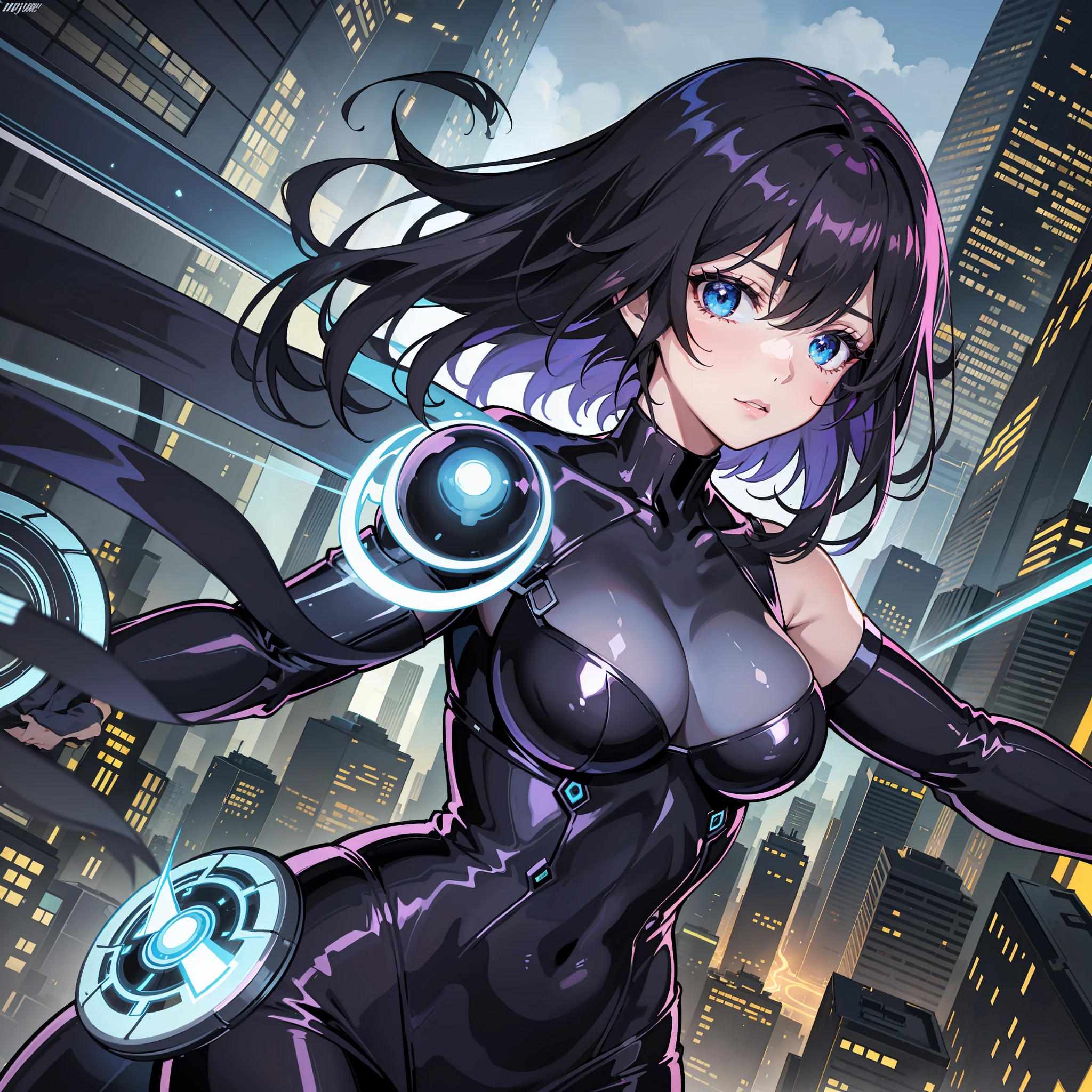 A heroine in the style of Japanese anime stands resolutely against a backdrop of a vast futuristic cityscape. Her jet-black hair, cascading down to her shoulders, gleams under the artificial neon lights. She's dressed in a sleek, form-fitting body suit made of advanced materials, hugging her like a second skin and adorned with iridescent patterns that shimmer as she moves. A utility belt filled with high-tech gadgets circles her waist. She's casually holding an energy sword, its blade humming and casting a cool blue light. Her eyes, sharp and determined, glow a fierce electric green, mirroring the city's pulse. Skyscrapers rise behind her, their lights mirrored in the polished surface of her armor. Her face is a study in focus, embodying the spirit of a fearless woman ready to face whatever challenges the future may hold.
