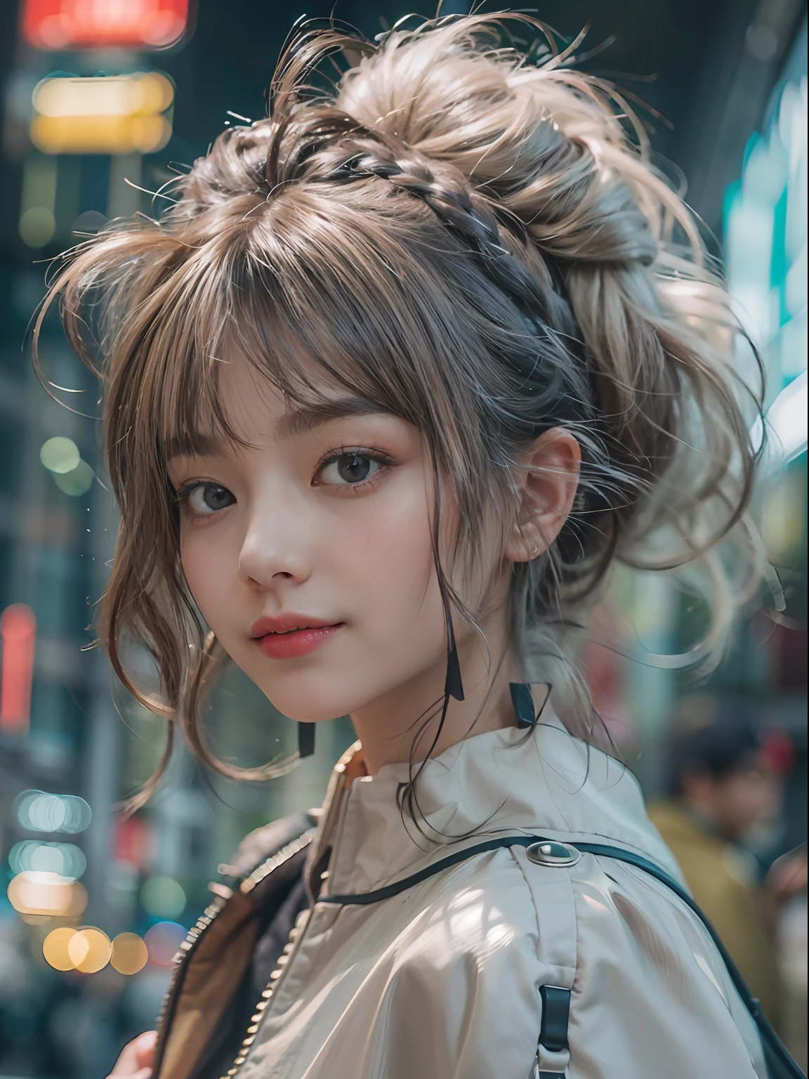 ((Best picture quality, 8K, tmasterpiece:1.3)),Exquisite background，detailed back ground， ,1girll, cyber punk perssonage，sci-fy，Tech City ，(Casual hairstyle:1.2),Hairline，intricate detailed clothes , Fine fine skin，Details of the skin，messy  hair，Ultra-fine face, A detailed eye, 二重まぶた，is shy，dynamicposes，ssmile，From the side Side，Full body like，neonlight
