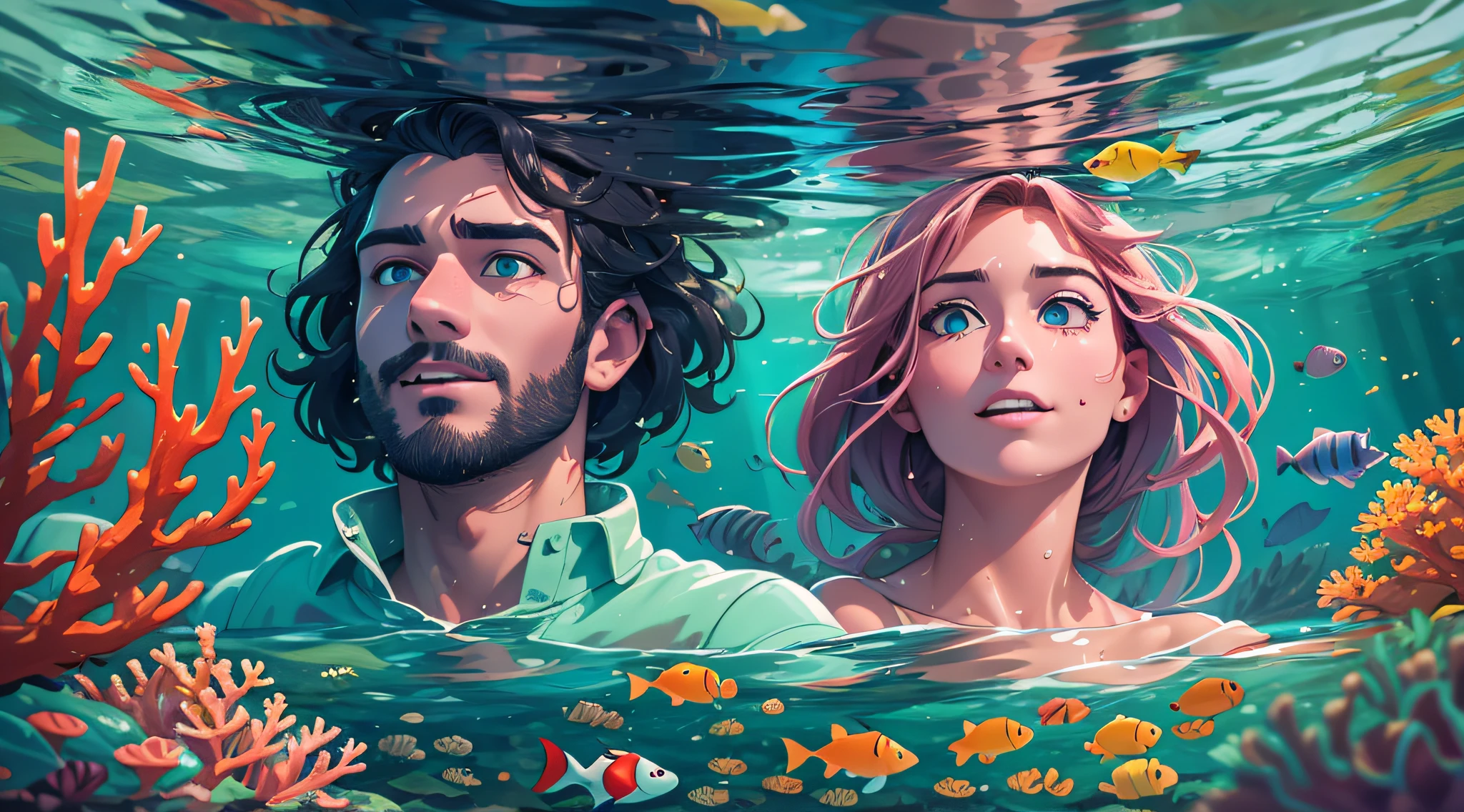 Zoom in on the ultra-realistic face of a handsome 25-year-old French man, and as you zoom out a little, you can see his girlfriend beside him underwater in an exotic European coastal location. The azure waters embrace the couple as they explore the hidden wonders beneath the surface. Both possess the caucasian features that signify their European heritage. The underwater world comes alive with vibrant marine life and colorful coral reefs, creating a mesmerizing and surreal scene. The couple's expressions display a sense of wonder and joy as they share this extraordinary experience together. Sunlight pierces through the water, casting a magical glow on their faces and the underwater landscape. The image captures the couple's adventurous spirit and their love for discovering the beauty of the European seas. Artwork, digital painting with a focus on creating a vivid and dreamlike underwater environment