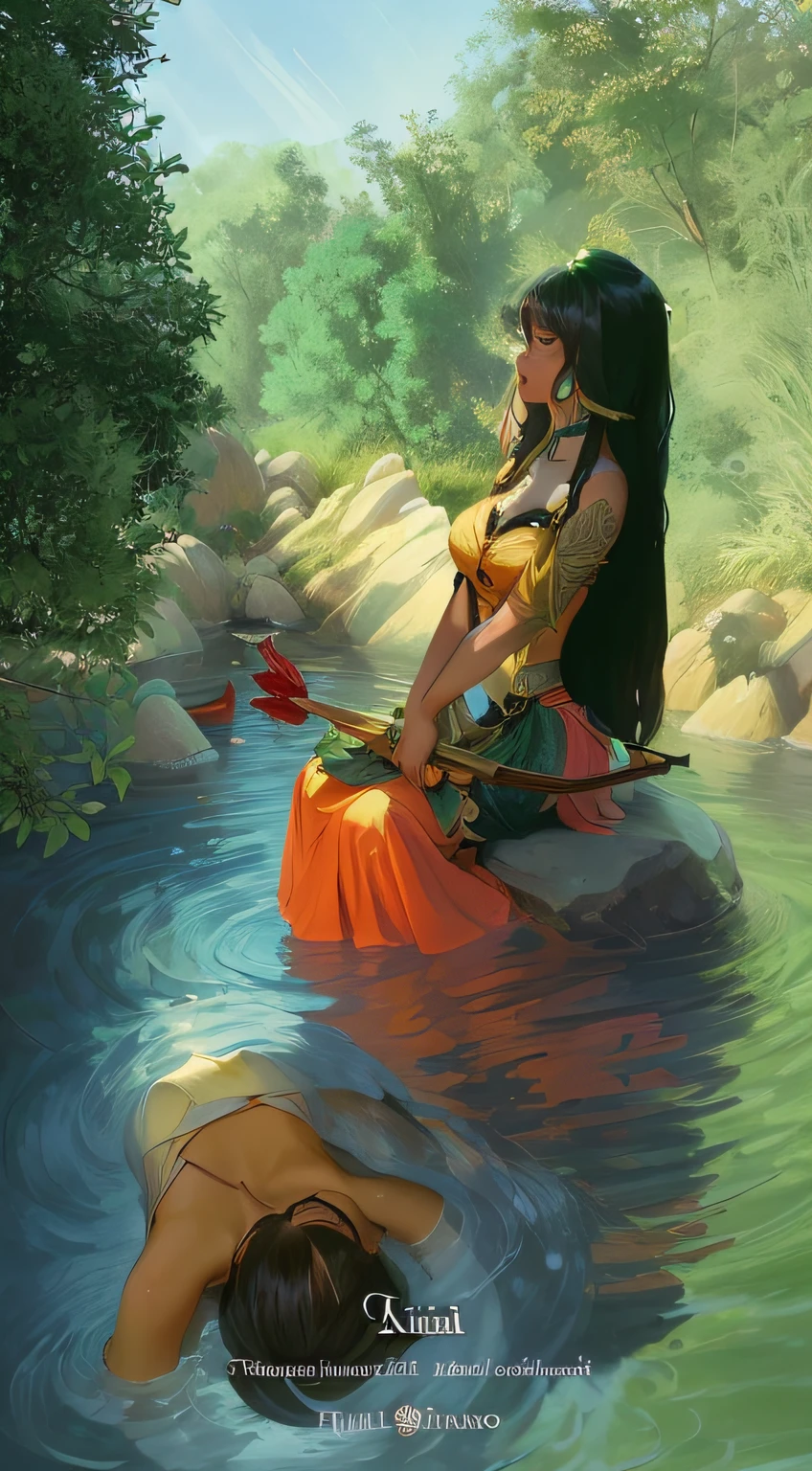 There is a cartoon of a woman sitting on a rock in the water, fan art, Arte no estilo da Disney, inspirado em Yanagawa Shigenobu, Rio, ikki tousen |, arte conceitual disney :: Nixri, Mito grego pintura digital, belas fotos avatar, a beautiful artwork illustration, Princesa Libu antiga, Fanart, lamia