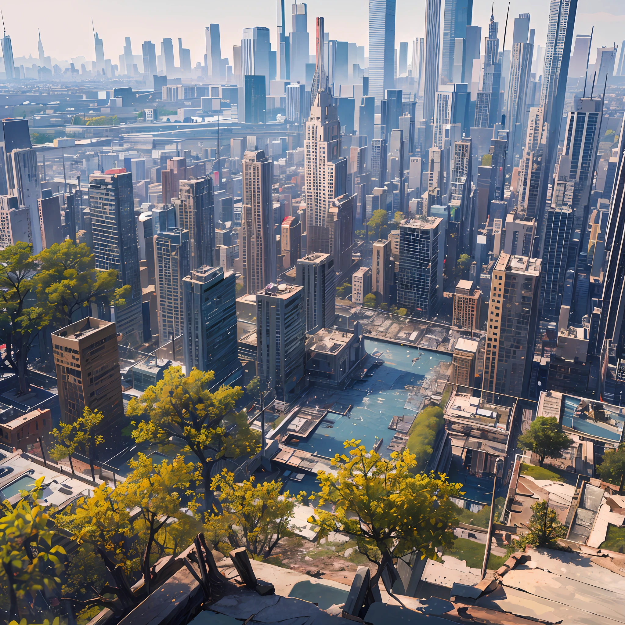 5,000 years from now, collapsed landscape, collapsed city, crumbling cityscape, brightly colored trees eroding the city, overlooking the city, wild animals infested, heaven and earth collapse