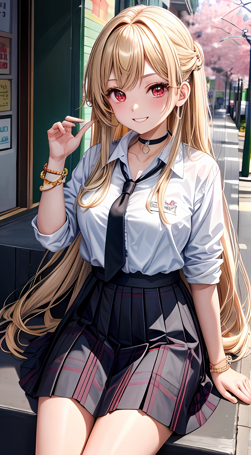 masterpiece, best quality, 1girl, long hair, bored, sitting, feet up, soles, forest bangs, black choker, black necktie, blonde hair, blue skirt, blush, bracelet, breasts, choker, clothes around waist, collarbone, collared shirt, cowboy shot, dress shirt, ear piercing, eyebrows visible through hair, gradient hair, grin, gyaru, jewelry, kogal, long hair, looking at viewer, loose necktie, necktie, piercing, plaid, plaid skirt, pleated skirt, red eyes, ring, school uniform, shirt, skirt, smile, solo, white shirt, street, sky, cherry blossoms, petals, 粉发，（比基尼）