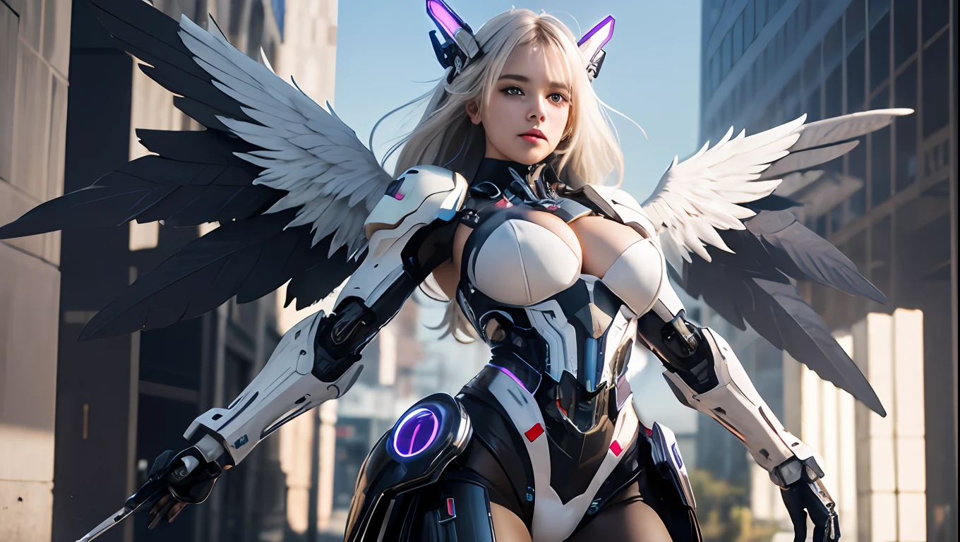 white  hair、long fluttering hair、strong breeze、a purple eye、radiant eyes、( Mechanical Angel)、angel of war, cybernetic, (giant wide opened metal wings)、 glowing halo, Steampunk Girl、in broken town, white plastic and metall,  tessellation,  (Colossal tits、busty, large breasts), The face and chest are alive、all other is cybernetic organism, Cleavage is visible。photoRealstic、portfolio、(White Latex Suit)、White porcelain body、Evangelion-style metal mecha suit、Combat female curve cyborg、Sumerian details、metalic、detailed mechanical components、Bundle of thin tubes、Metal cylinders、Detailed neon、Fine LED、Fine parts、cowboy  shot、character edge light、 full body, beaity detailed face, detailed pupils, best anatomy, best curvy body,