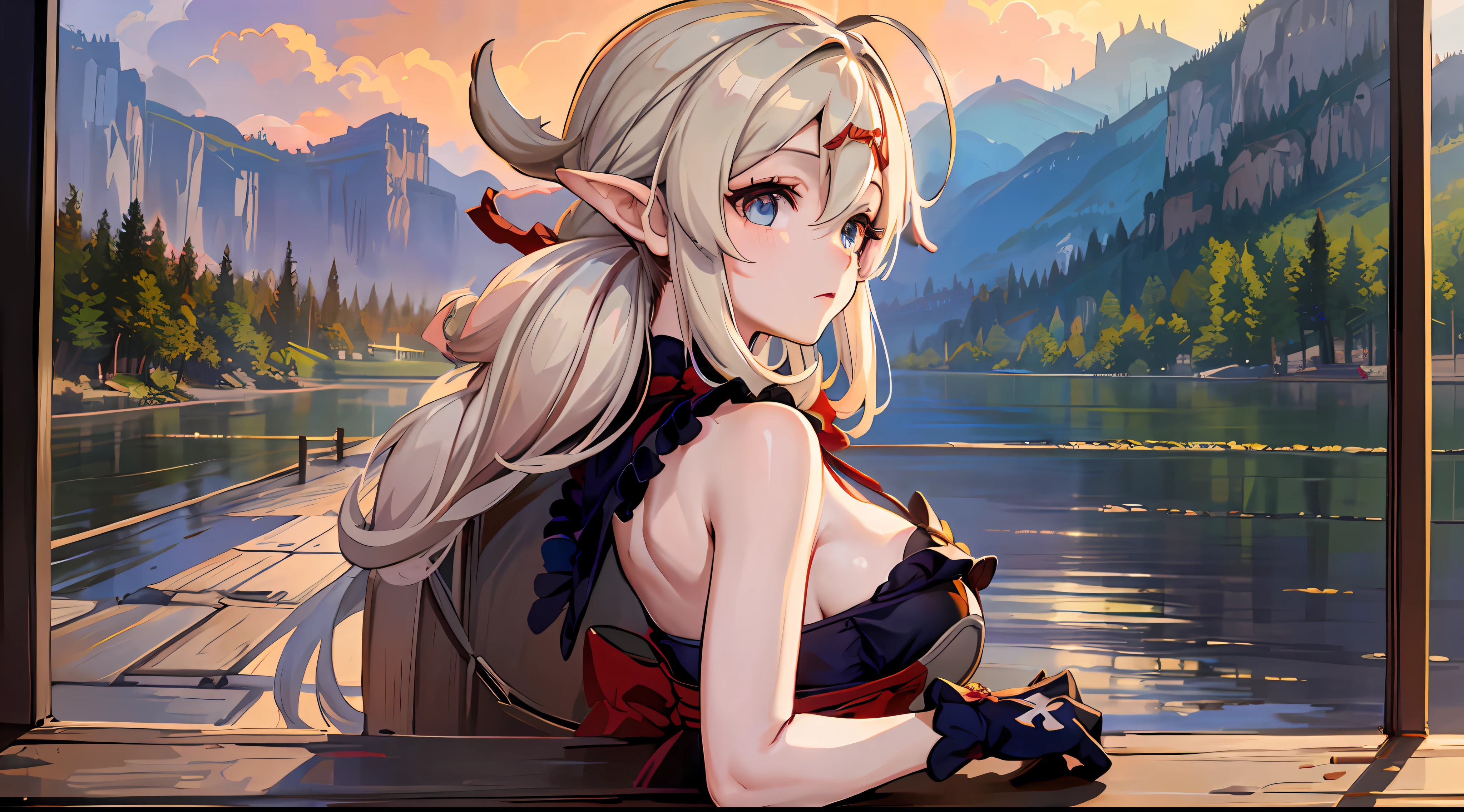 Klee \(genshin impact\), Iwhole body, (NSTDA.:1.2), (10, beste-Qualit, master-piece: 1.4), ultra-high resolution, (lifelike, photorealistic portrait: 1.48), 20 age, Cute Girl, (Look neatly through the bikini:1.11), Famous Japanese actors, Beautiful breasts, Blue Eyes, Head tilt, cowboy shot, from the side, looking at the audience, expressionless, Beautiful lake, Zeiss 150mm F/ 2.8 Hasselblad, Whole body, foot, Ultra-Wide Angle