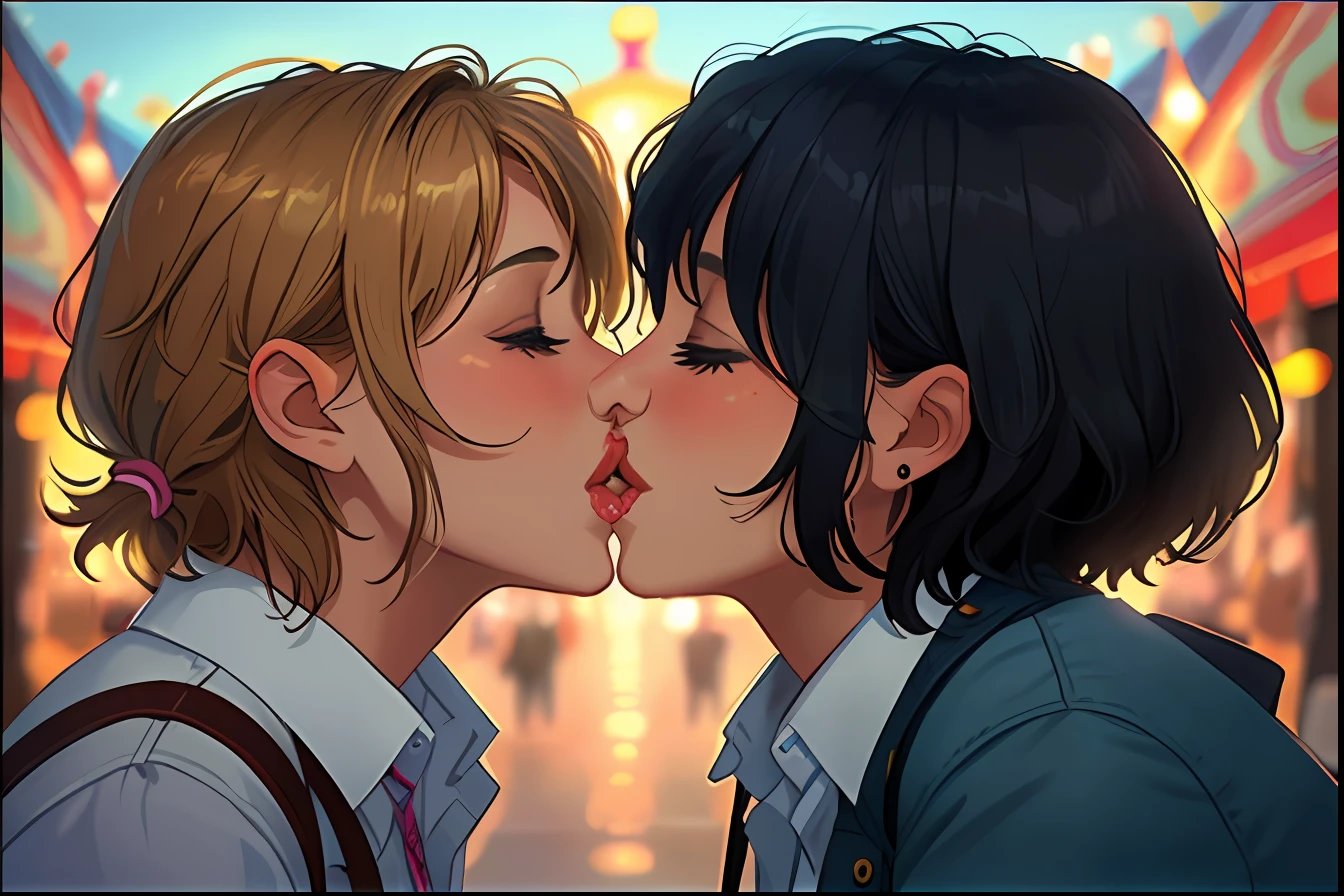 there are two women kissing each other with their noses, lesbian kiss, kiss mouth to mouth, kissing each other, kissing, kissing together cutely, lesbians, lovely kiss, kiss, kissing together, couple kissing, lesbian, two women kissing at a carnival, making out, luscious lips, licking, female link and malon kissing, licking tongue, lesbian embrace