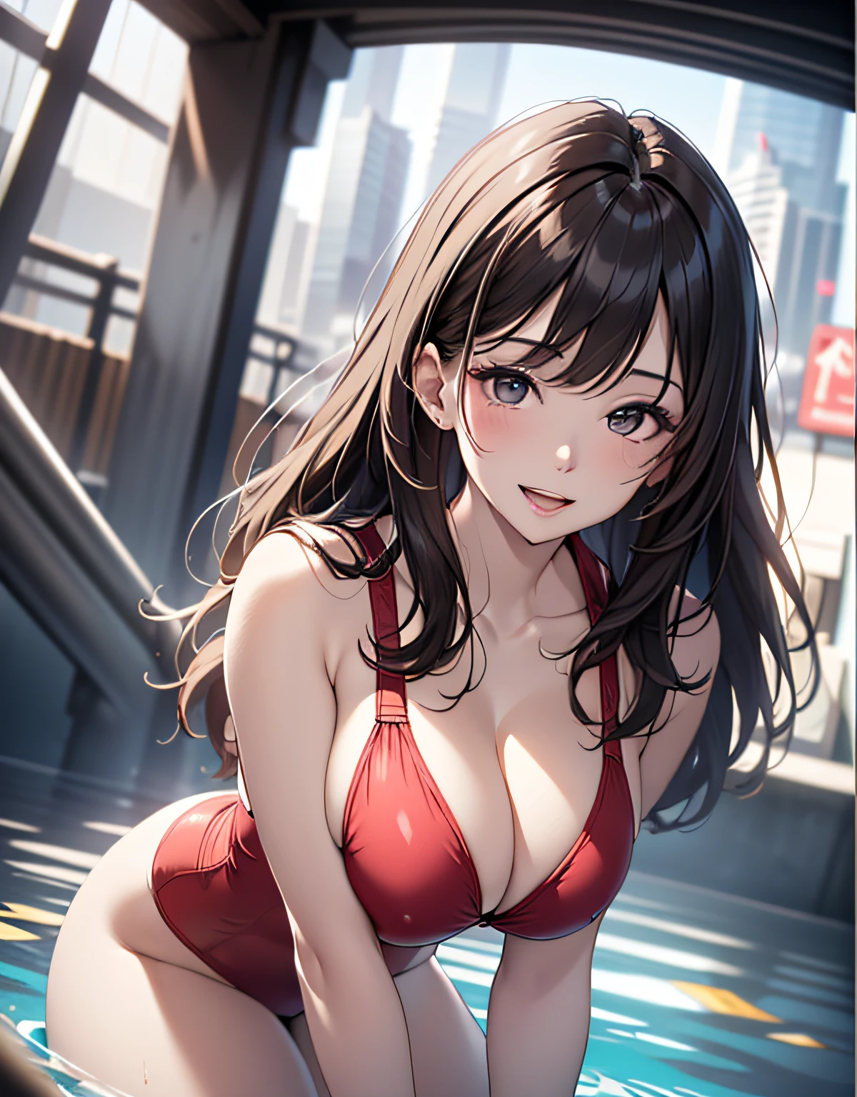 photo realistic, (8k, RAW photo, best quality, masterpiece:1.2), High detail RAW color photo, professional photograph, cowboy shot, (realistic, photo realistic:1.37),cinematic light, (finery detailed face:1.2), cowboy shot, thigh 1 girl, 24-28 years old, very cute, very beautiful, photo realistic, Beauty event companion, BREAK, white skin, real human skin, (detailed face), oval face, pores, ultra high res, BREAK, slim, (gigantic-breast:1.37, big breast:1.37, big cleavage:1.37), (looking straight at viewer with a serene and goddess-like happiness:1.2), (lifter gloss, eyelashes, gloss-face, best quality, ultra highres, Broad lighting, natural shading), brown thin hair, bangs, BREAK, (red competition swimsuit:1.3), ((private jet bath pool, outdoor)), ((light smile, open mouth:1.5, humid, in heat, blush, seductive emotion, aroused)), ((from below:1.3, leaning forward:1.3, kneeling:1.3, all fours:1.3, holding own breast:1.3, covering own breast on hand)), blurry background, bokeh, depth of field, cowboy shot:1.3, centered image,
