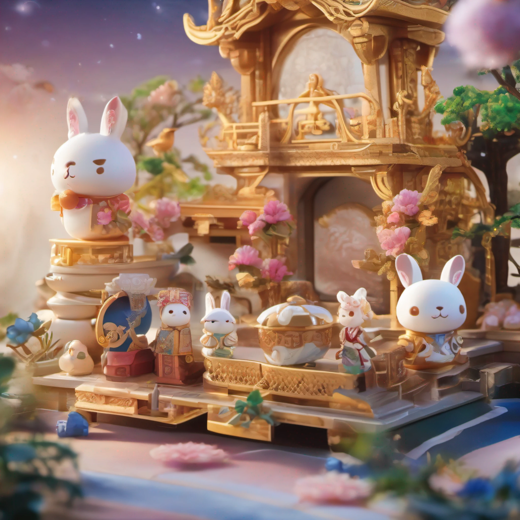 Introduction of the beautiful blind box series, Inspired by Chang'e's mysterious journey to the moon. Embark on a mysterious adventure to the Moon Palace, Chang'e's place of residence. Each blind box presents a different part of the palace,Beautiful Chang'e holding a cute little white rabbit,Such as an auditorium, enchanting Garden, Or a hidden corner where Chang'e waits to be discovered.Super refined,8K,ultra - detailed