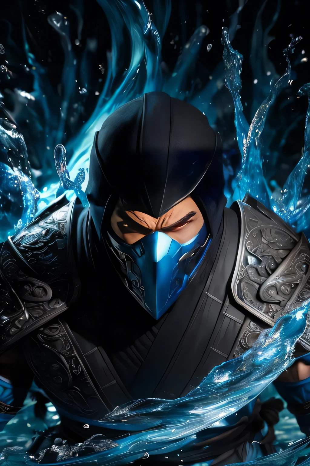 1man, portrait of mksubzero battle with group of ninja, glowing eyes, ice, blue, cold, energy, aura, swirl water, ornate, detail,