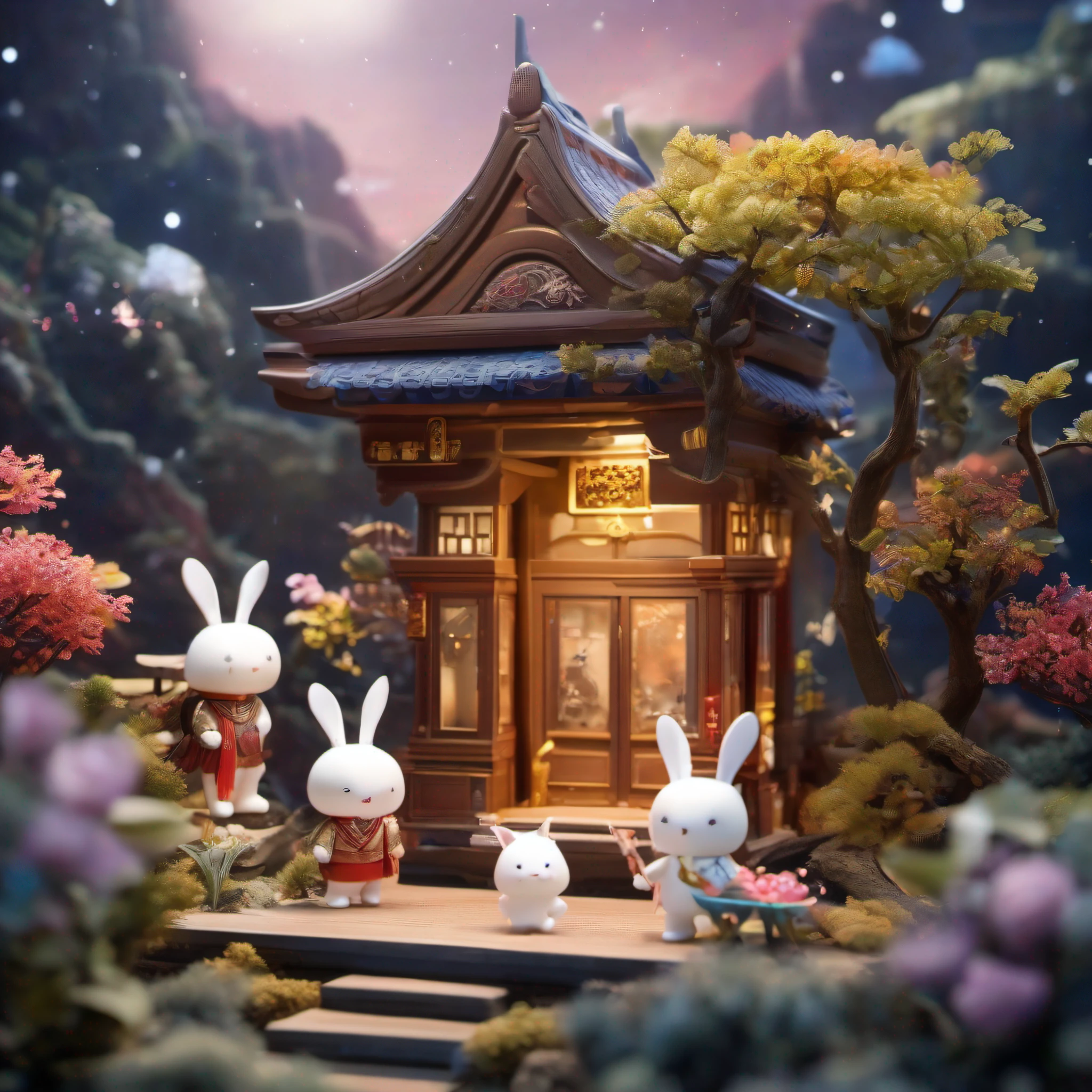 Introduction of the beautiful blind box series, Inspired by Chang'e's mysterious journey to the moon. Embark on a mysterious adventure to the Moon Palace, Chang'e's place of residence. Each blind box presents a different part of the palace, Cute little white rabbit，Such as an auditorium, enchanting Garden, Or a hidden corner where Chang'e waits to be discovered.Super refined，8K，ultra - detailed