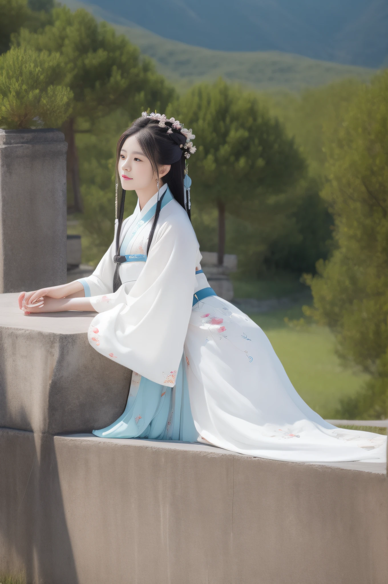 Changting Hanfu woman sits watching the flowing years, Looking at the mountains and shallow clouds