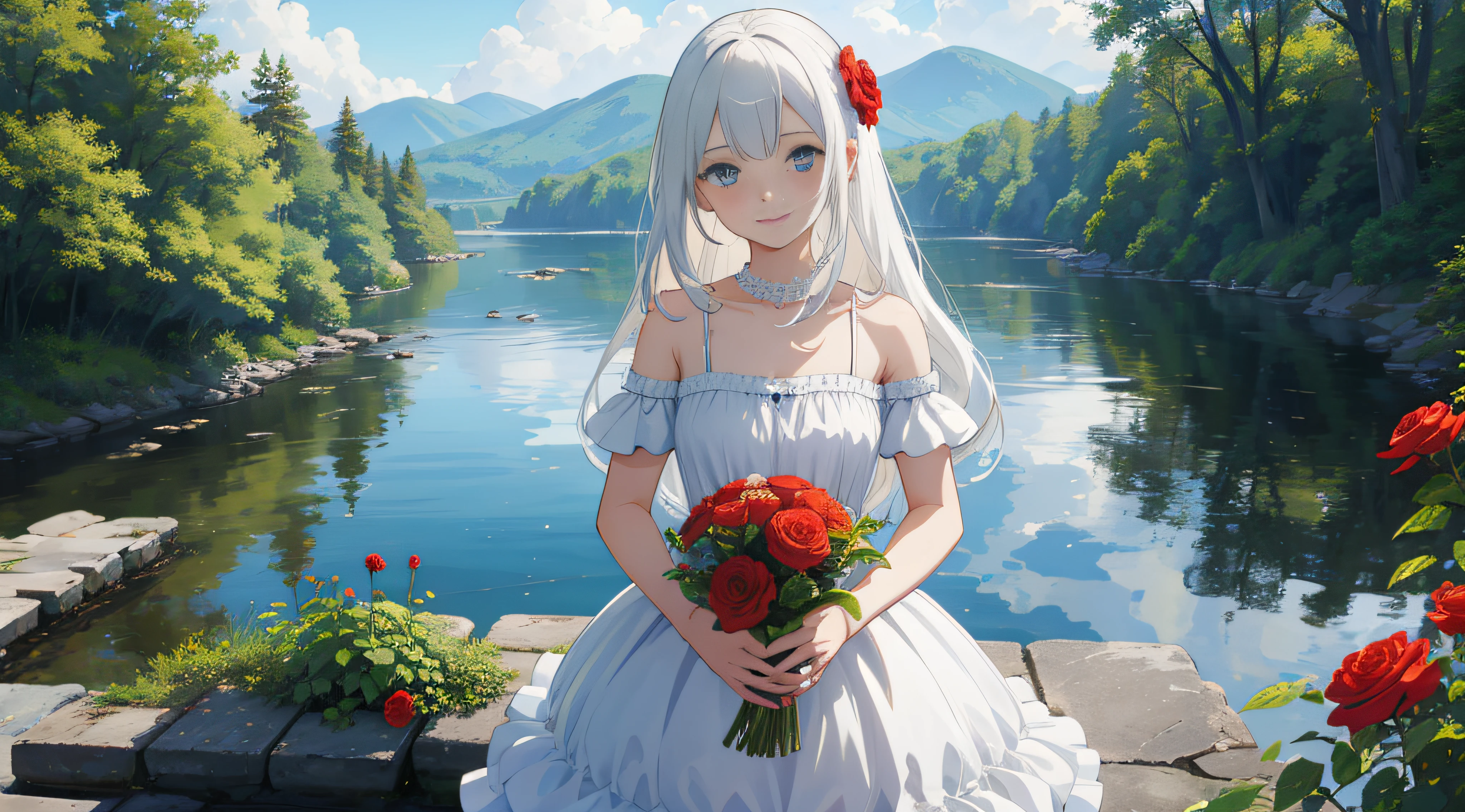 masterpiece,best quality, ((cry|smile):1.2),1girl, bare shoulders, white hair, blue eyes, very long hair, grin, bouquet, day, dress, flower, holding, holding bouquet, lake, looking at viewer, nature, outdoors, red flower, rose, solo, standing, tree, water, water drop, waterfall, wet, .sky, cloudy sky, building, sun,