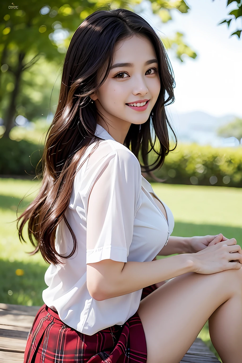 NSFW, 8k RAW photo, top-quality, masterpiece, 超A high resolution, film grains, filmg, 1girl, looking at the viewers, natural skin textures, realistic eyes and face details, Full lips, lipsticks, (makeup), red eye shadow, long shiny hair、kindly smile、Fluffy smile、 hair messy, a smile, closes mouth, beautiful legs, Tall lady, skiny, slim_legs, 独奏, cleavage of the breast, Pose with your buttocks facing you, a short skirt, buttock, The shirt, Beautiful natural places, school ground、 (细致背景), Red plaid skirt, white shirt, Daijō、cleavage of the breast, Show a little cleavage through the shirt, lowfers, blurry backround, shortsleeves, JK Ribbon, brown haired, Eau, bangss, 校服, jewely, cparted lips, s lips, From the side, Red Now Pleated Skirt, depth of fields
