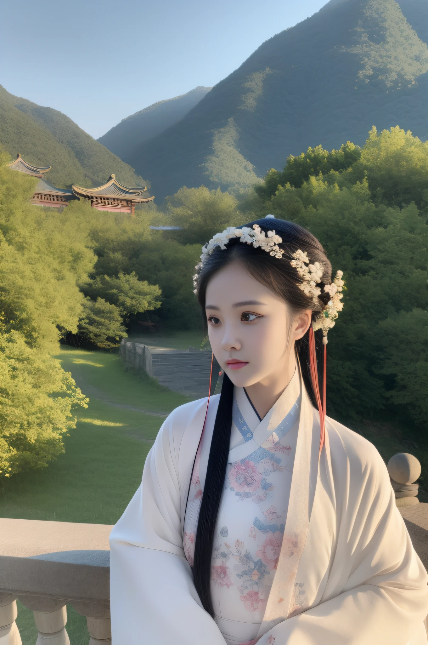 The woman in Changting Hanfu sat and watched the flow of years, Lookout mountain shallow clouds