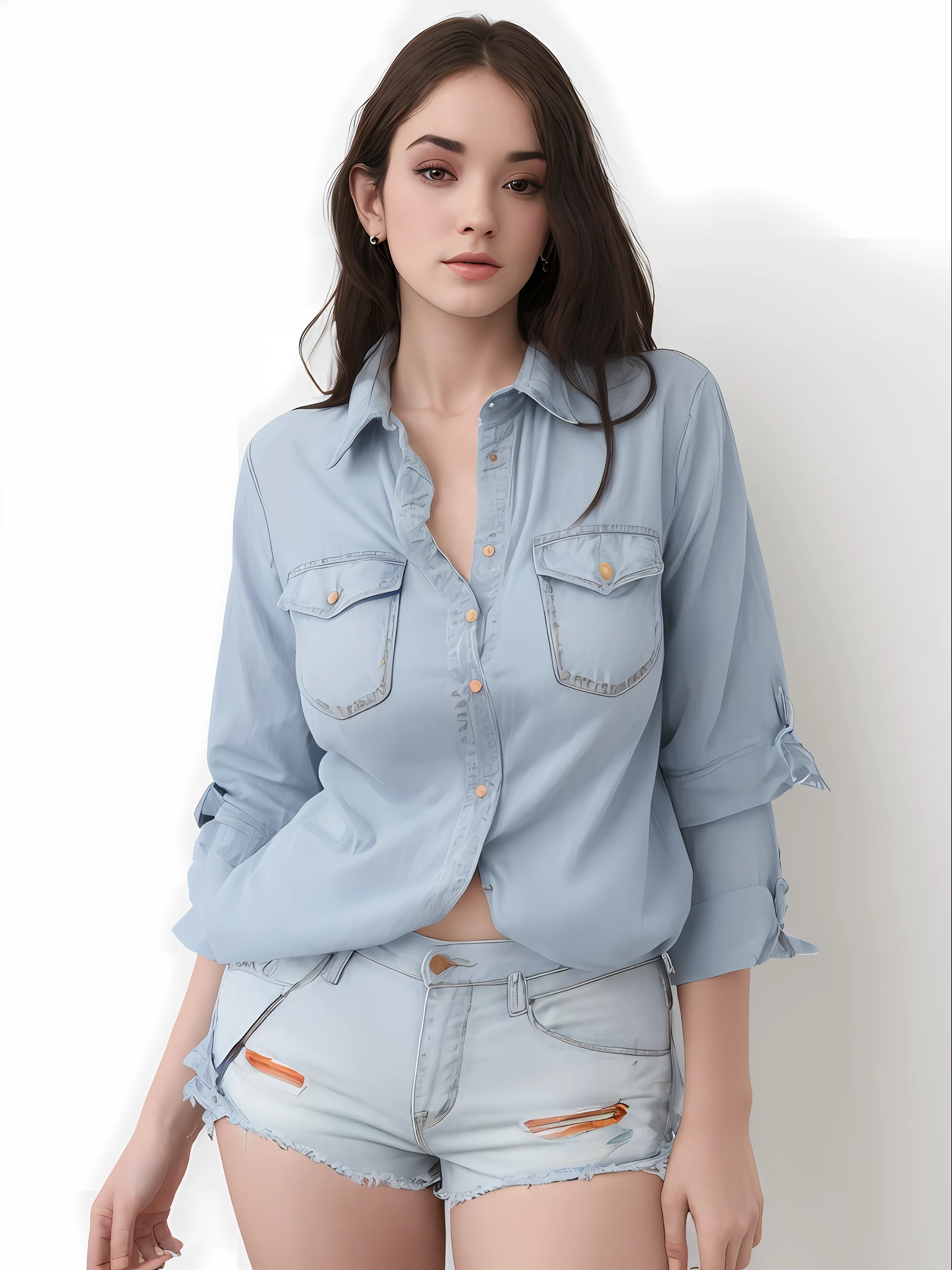 uma mulher muito linda e rosto perfeito de camisa cinza e bermuda posando para uma foto, vestindo uma camisa e uma shorts jeans, jeans no shorts, button up shirt, camisa cinza, vestindo uma camisa escura e shorts jeans, button - up shirt, com dois bolsos frontais, usando shorts jeans, vestindo uma camisa azul clara, usando jeans no shorts, camisa de gola, camisa, shorts jeans azul. irreal 5