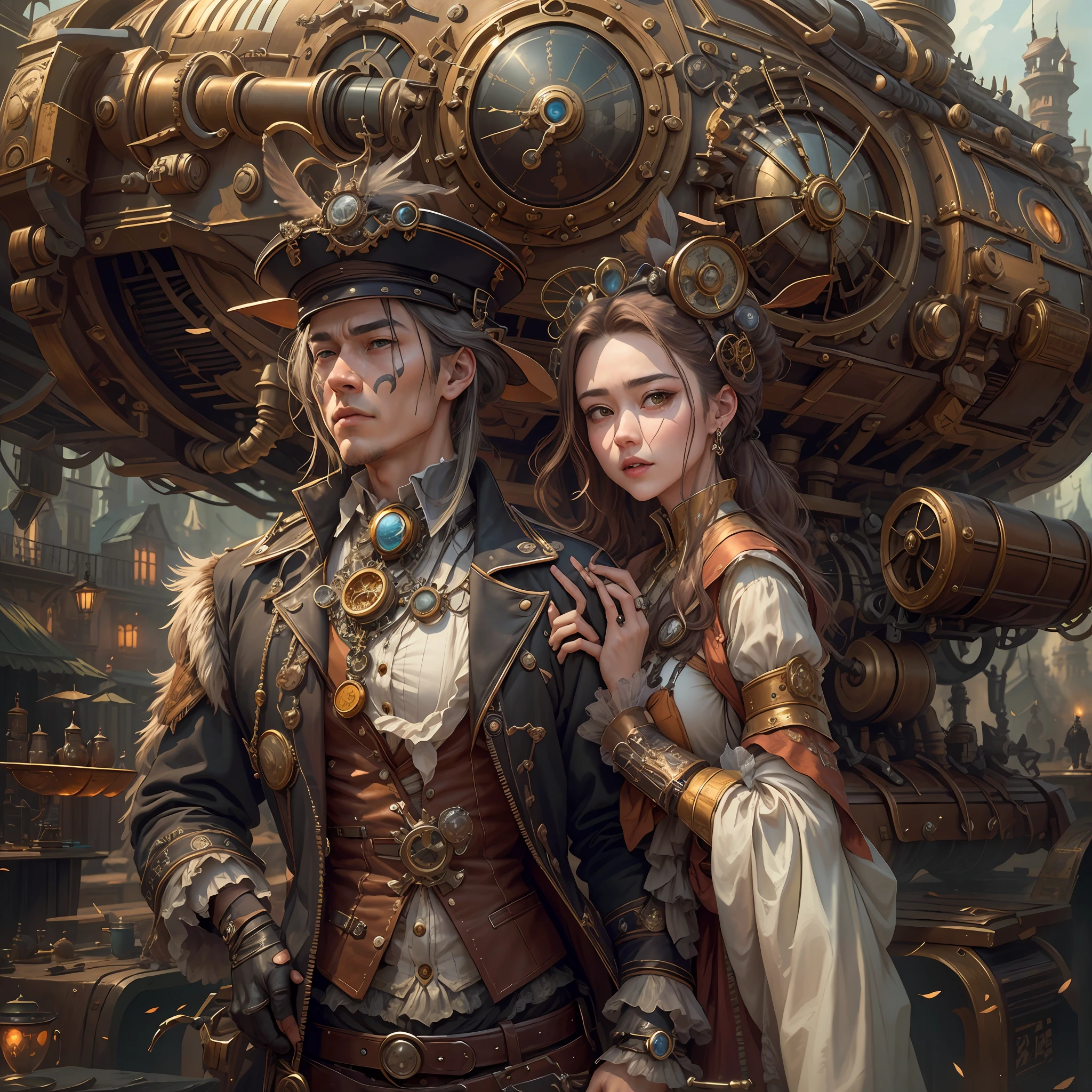 best qualtiy，tmasterpiece，超高分辨率，（realisticlying：1.4），absurderes，（1 couple standing in the manor，（Eye focus），sface focus, Clear facial features），（koh_amberheard：0.8），1 best long shot photo of Mechanical Airship Manor，Fantasy sci-fi vehicles，hyper realisitc，steampunc，Complex design，insanely details，finely detailled，Steampunk AI，