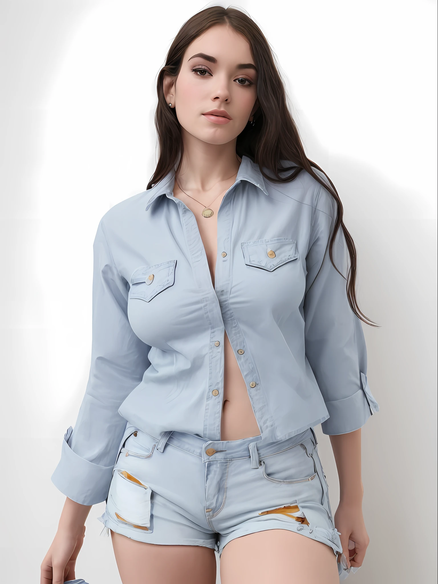 uma mulher muito linda e rosto perfeito de camisa cinza e bermuda posando para uma foto, vestindo uma camisa e uma shorts jeans, jeans no shorts, button up shirt, camisa cinza, vestindo uma camisa escura e shorts jeans, button - up shirt, com dois bolsos frontais, usando shorts jeans, vestindo uma camisa azul clara, usando jeans no shorts, camisa de gola, camisa, shorts jeans azul. irreal 5