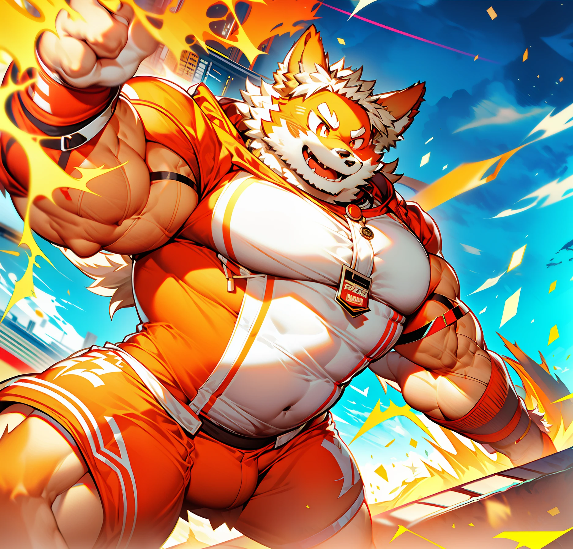 coyote,Furry,Orange-white hair,musculature,Muscle men,nakeness,Strong,ultraclear,Has a large ,Collar,Black shorts,boxer,fist,red pupils,Abs,Yellow coat,The erection,Collar,Has a large ,der riese,tit,Solo,Stout arms,Storm jacket,Badge,Pronounced abs,ssmile,subway station background,Urban style,hold fists,Big Dick,Red Storm jacket
