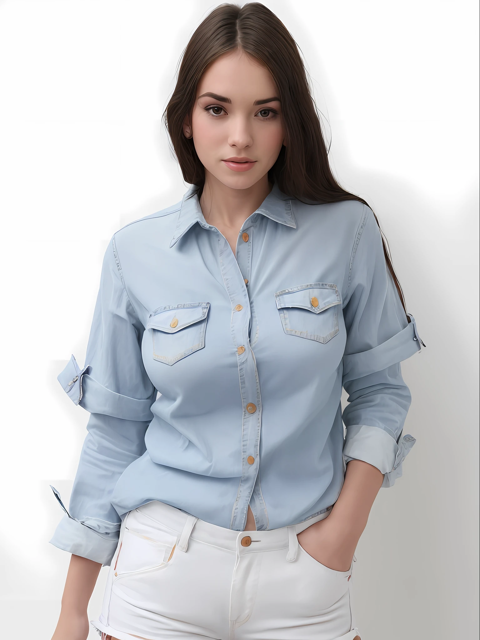uma mulher muito linda e rosto perfeito de camisa cinza e bermuda posando para uma foto, vestindo uma camisa e uma shorts jeans, jeans no shorts, button up shirt, camisa cinza, vestindo uma camisa escura e shorts jeans, button - up shirt, com dois bolsos frontais, usando shorts jeans, vestindo uma camisa azul clara, usando jeans no shorts, camisa de gola, camisa, shorts jeans azul. irreal 5
